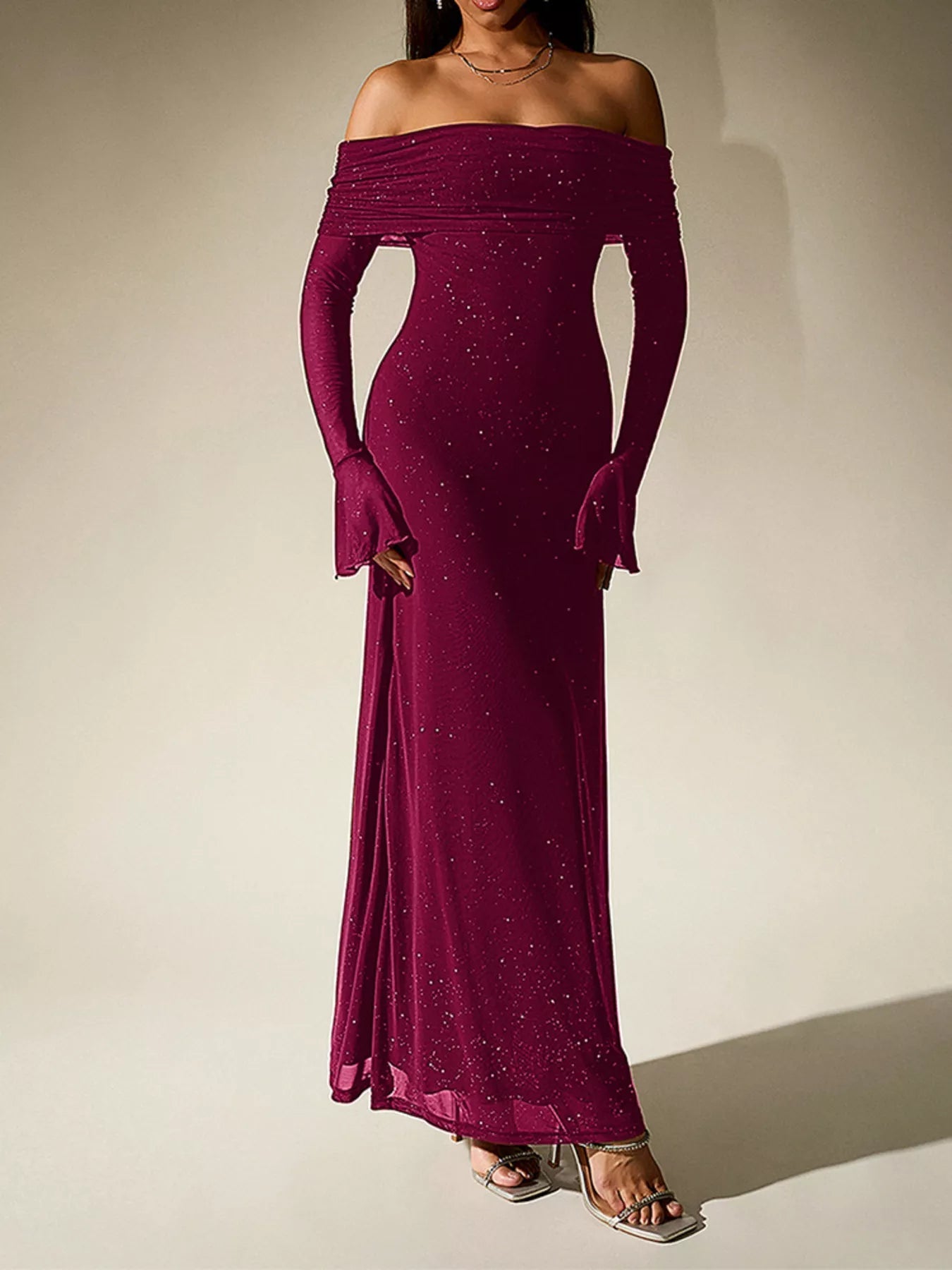 Glitter Off-Shoulder Maxi Dress - Lara Moda