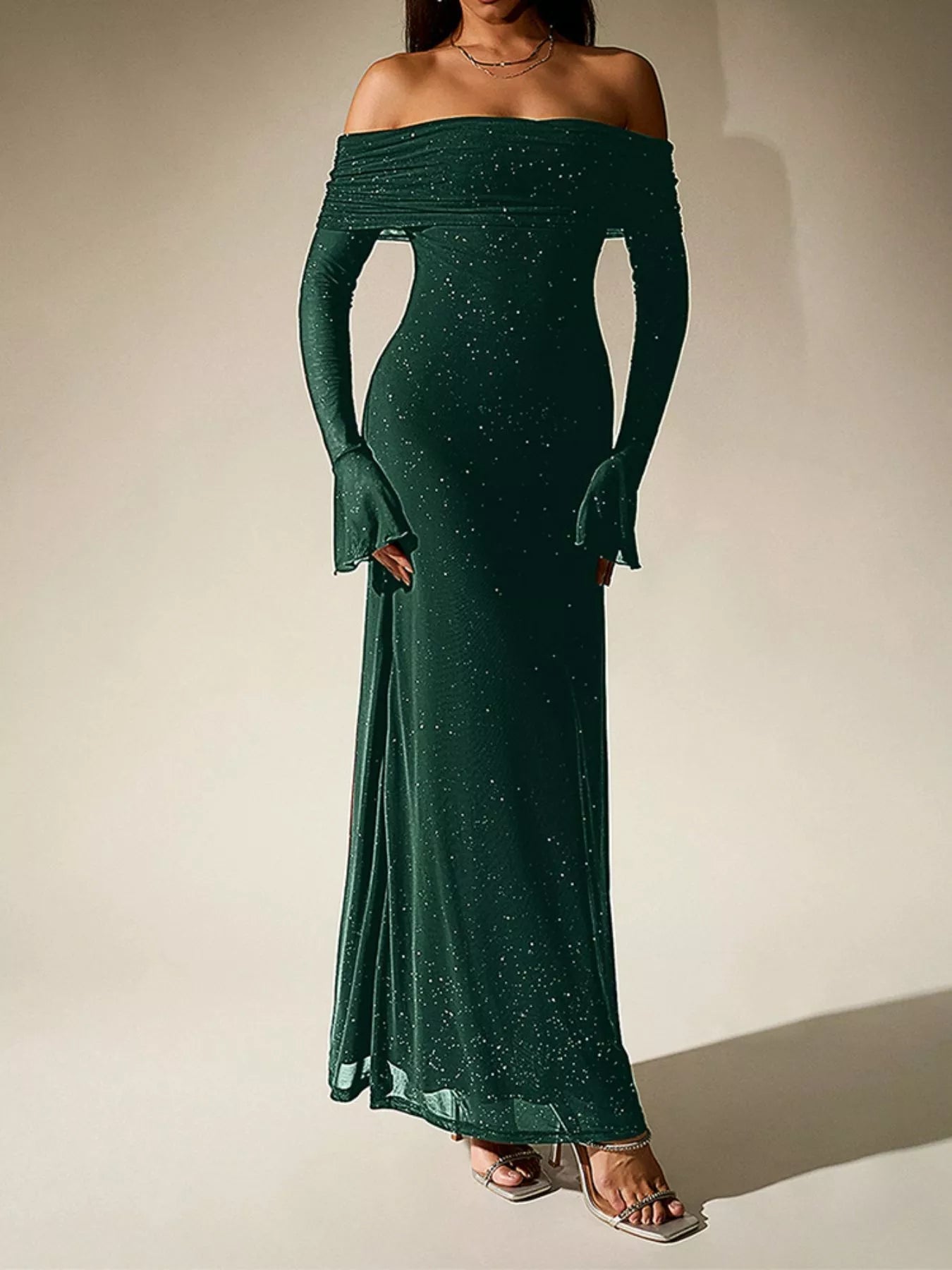 Glitter Off-Shoulder Maxi Dress - Lara Moda