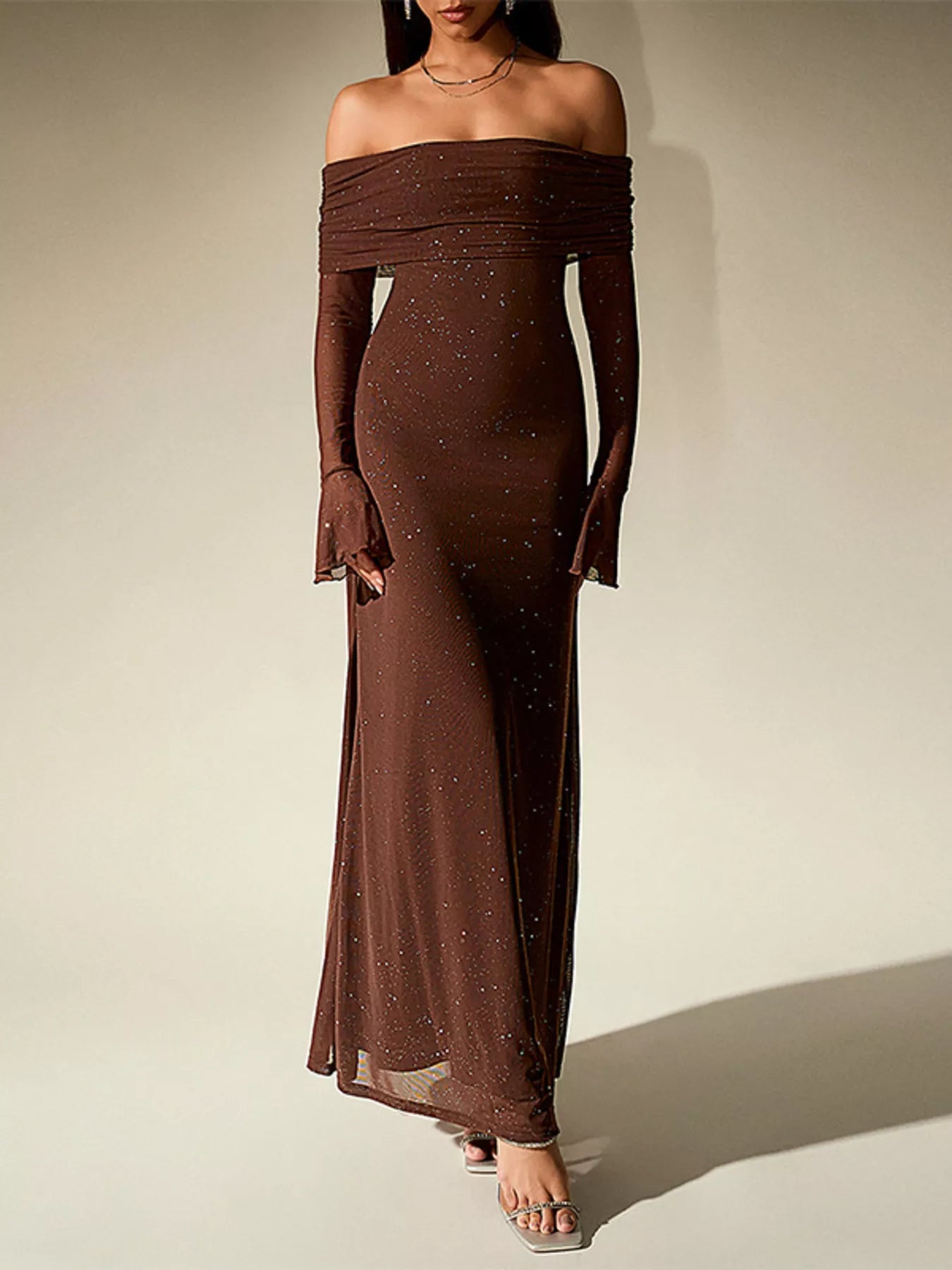 Glitter Off-Shoulder Maxi Dress - Lara Moda