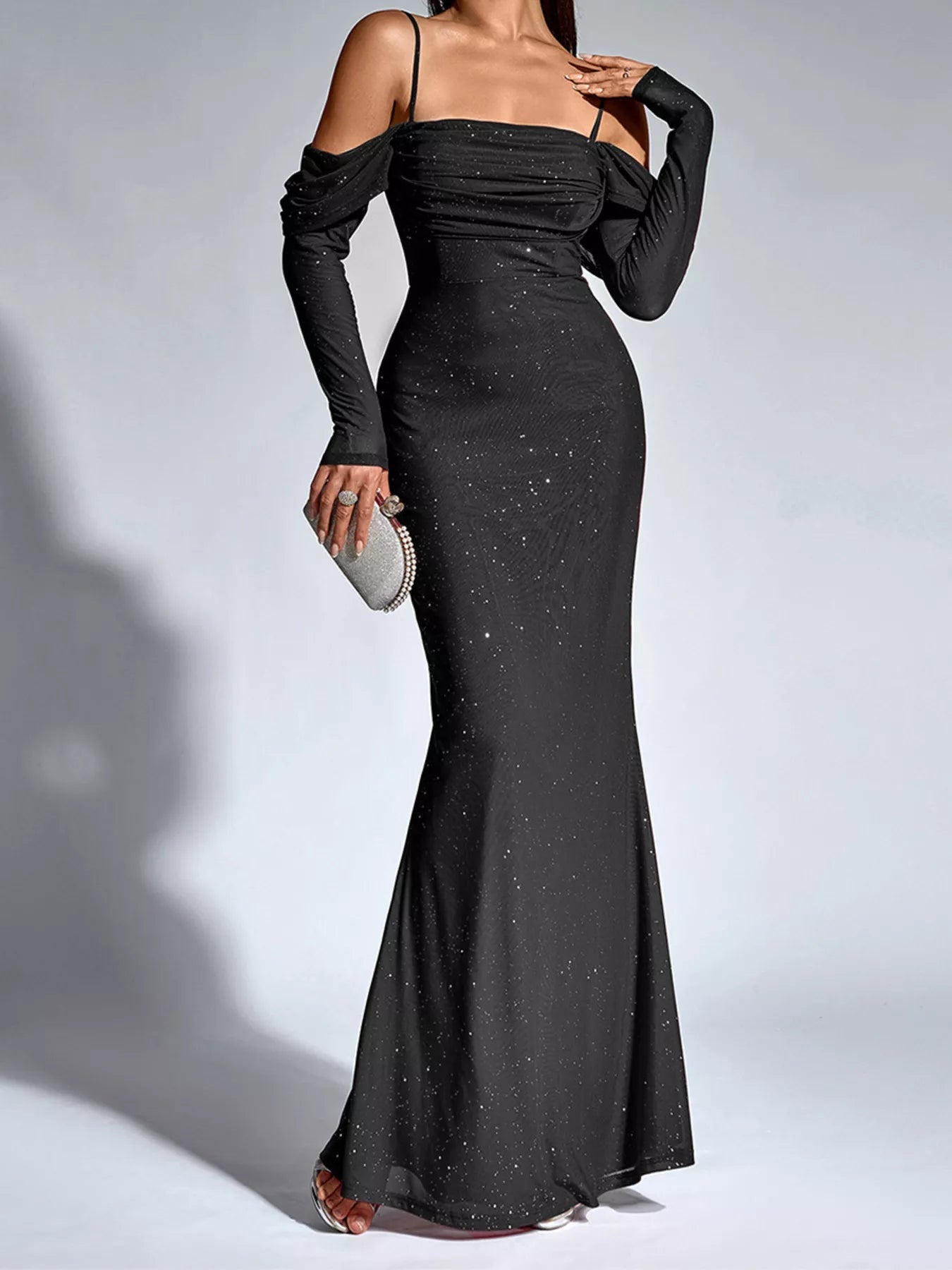 Glitter Ruched Long Sleeve Mermaid Maxi Dress - Lara Moda