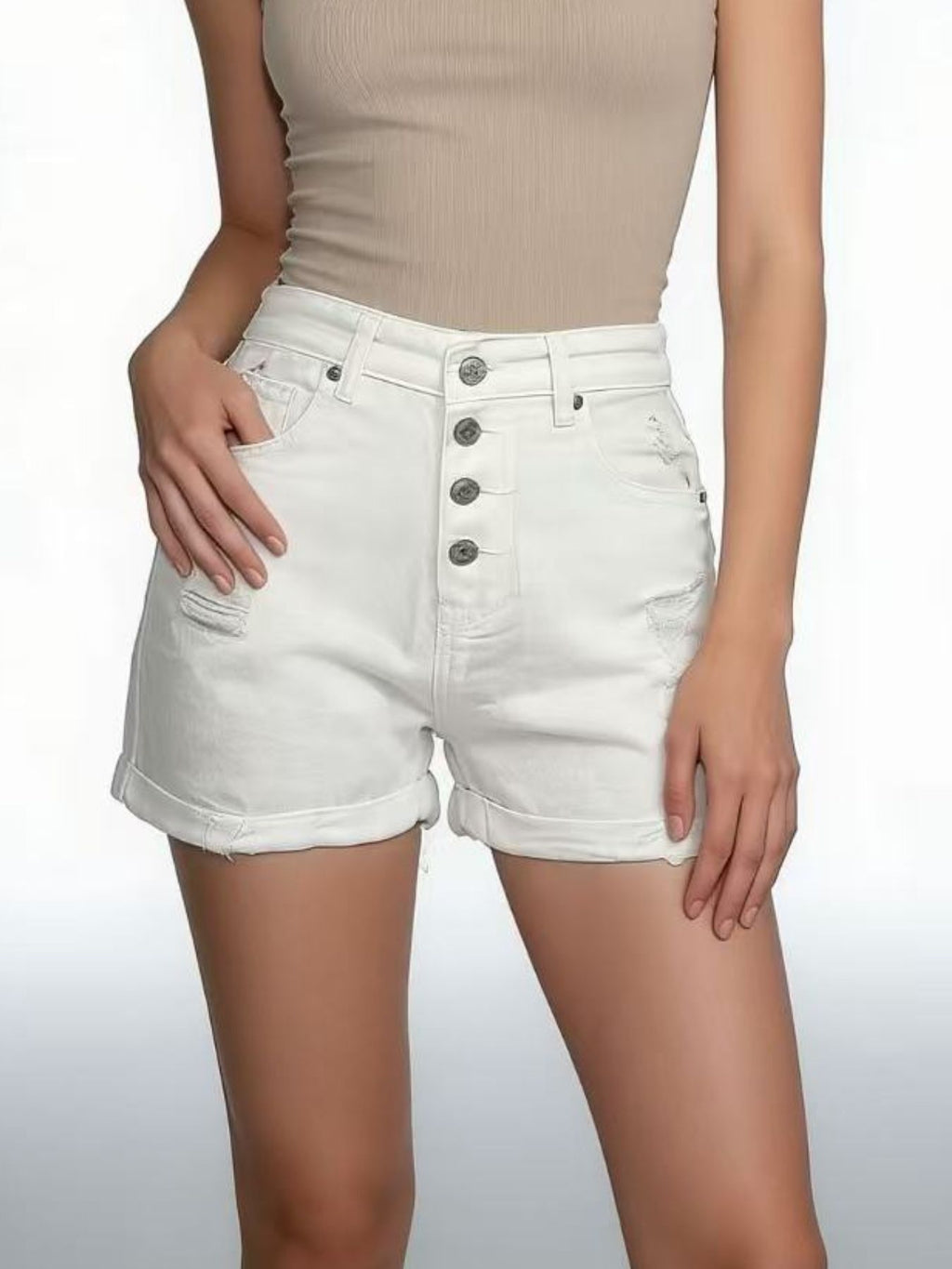 High-Waisted Button-Fly Distressed Denim Shorts - Lara Moda
