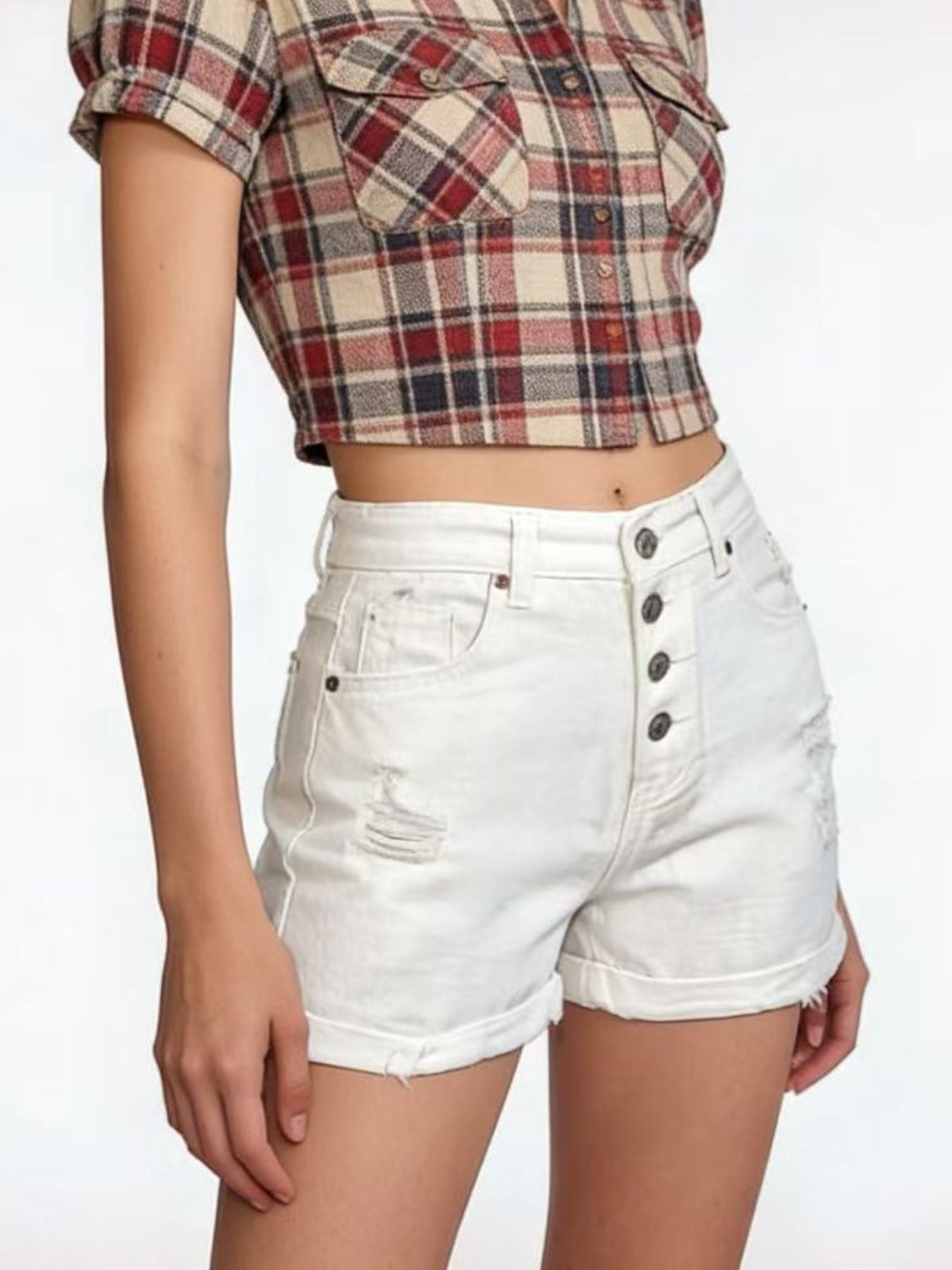 High-Waisted Button-Fly Distressed Denim Shorts - Lara Moda