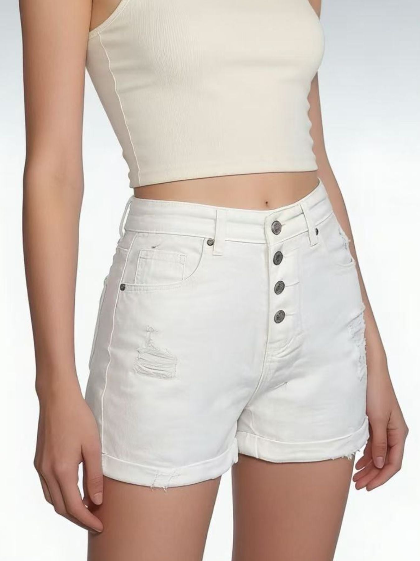 High-Waisted Button-Fly Distressed Denim Shorts - Lara Moda