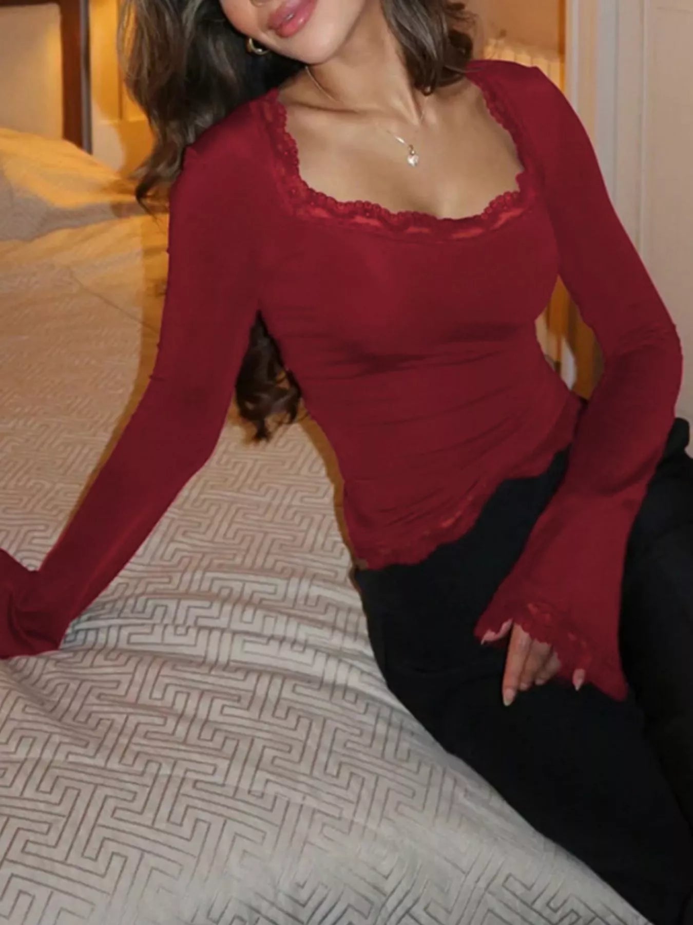 Lace Trim Square Neck Long Sleeve Top - Lara Moda