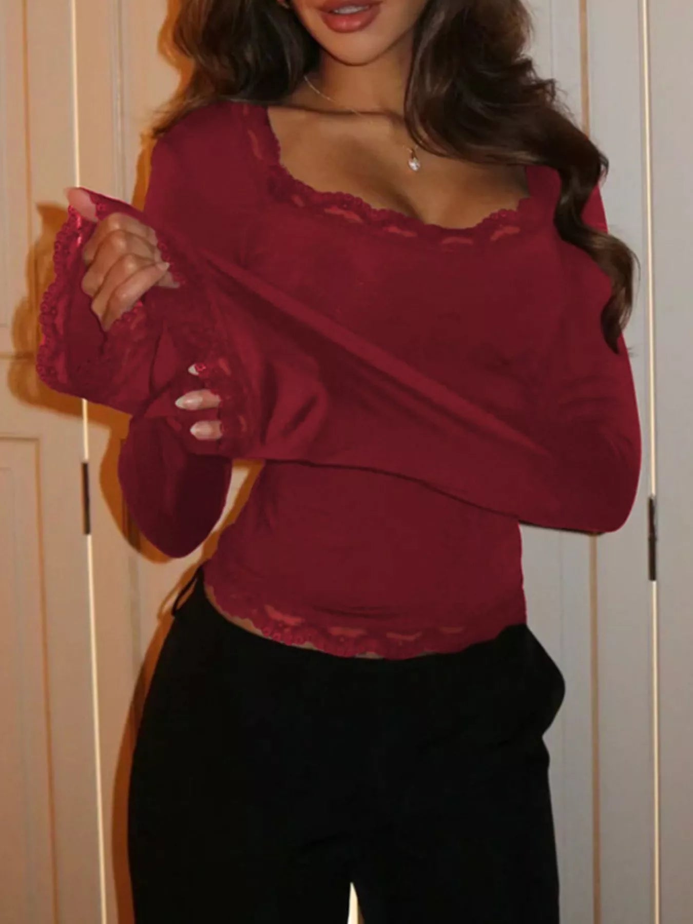 Lace Trim Square Neck Long Sleeve Top - Lara Moda