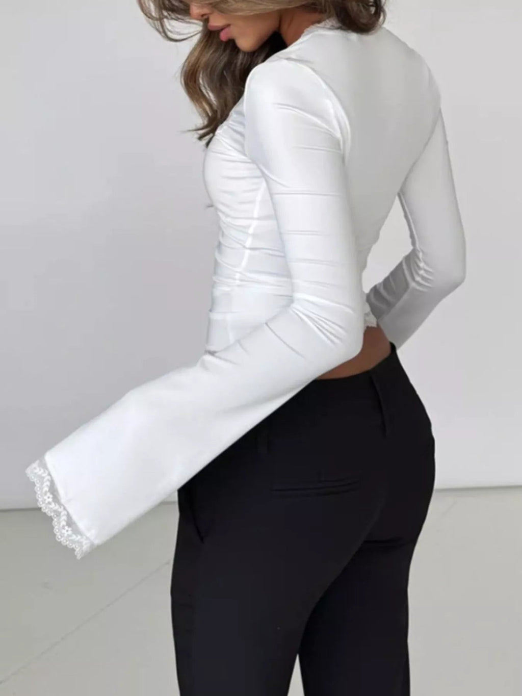 Lace Trim Square Neck Long Sleeve Top - Lara Moda