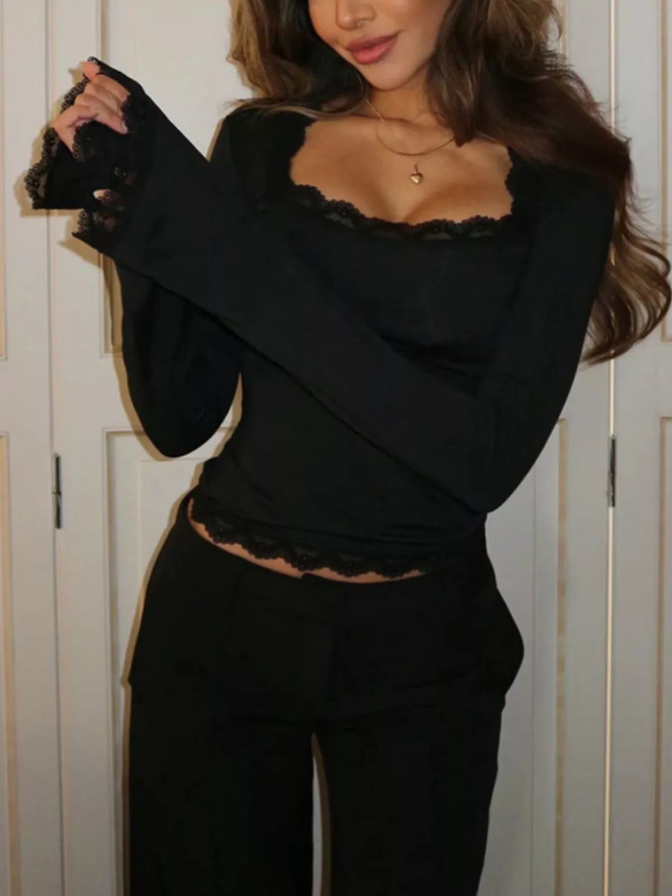Lace Trim Square Neck Long Sleeve Top - Lara Moda