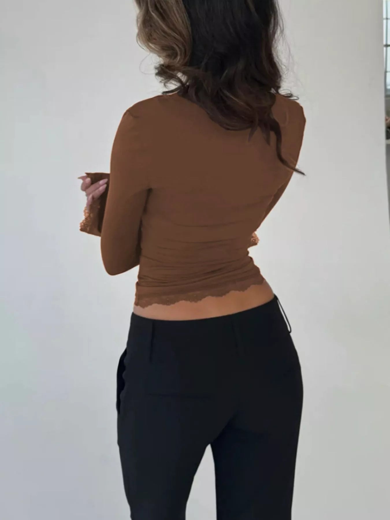 Lace Trim Square Neck Long Sleeve Top - Lara Moda