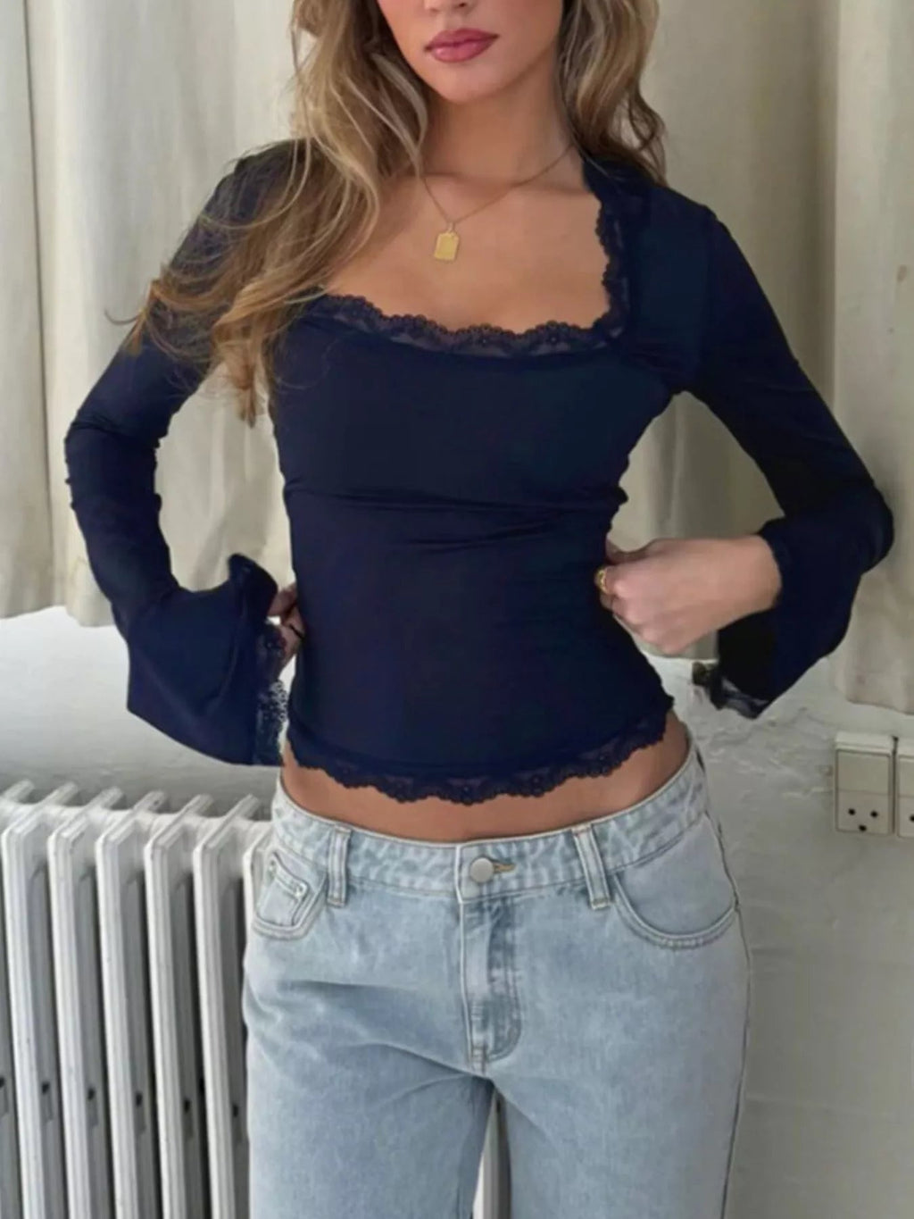 Lace Trim Square Neck Long Sleeve Top - Lara Moda