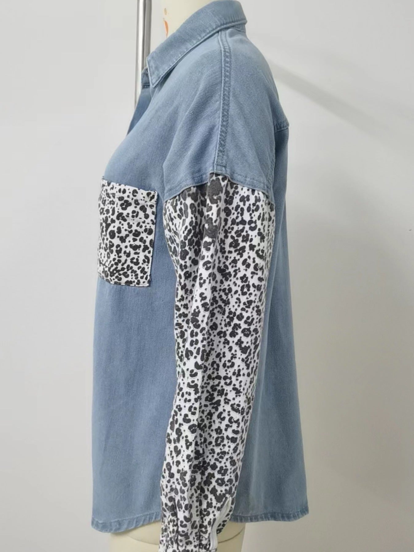Leopard Patchwork Button Up Denim Shirt - Lara Moda