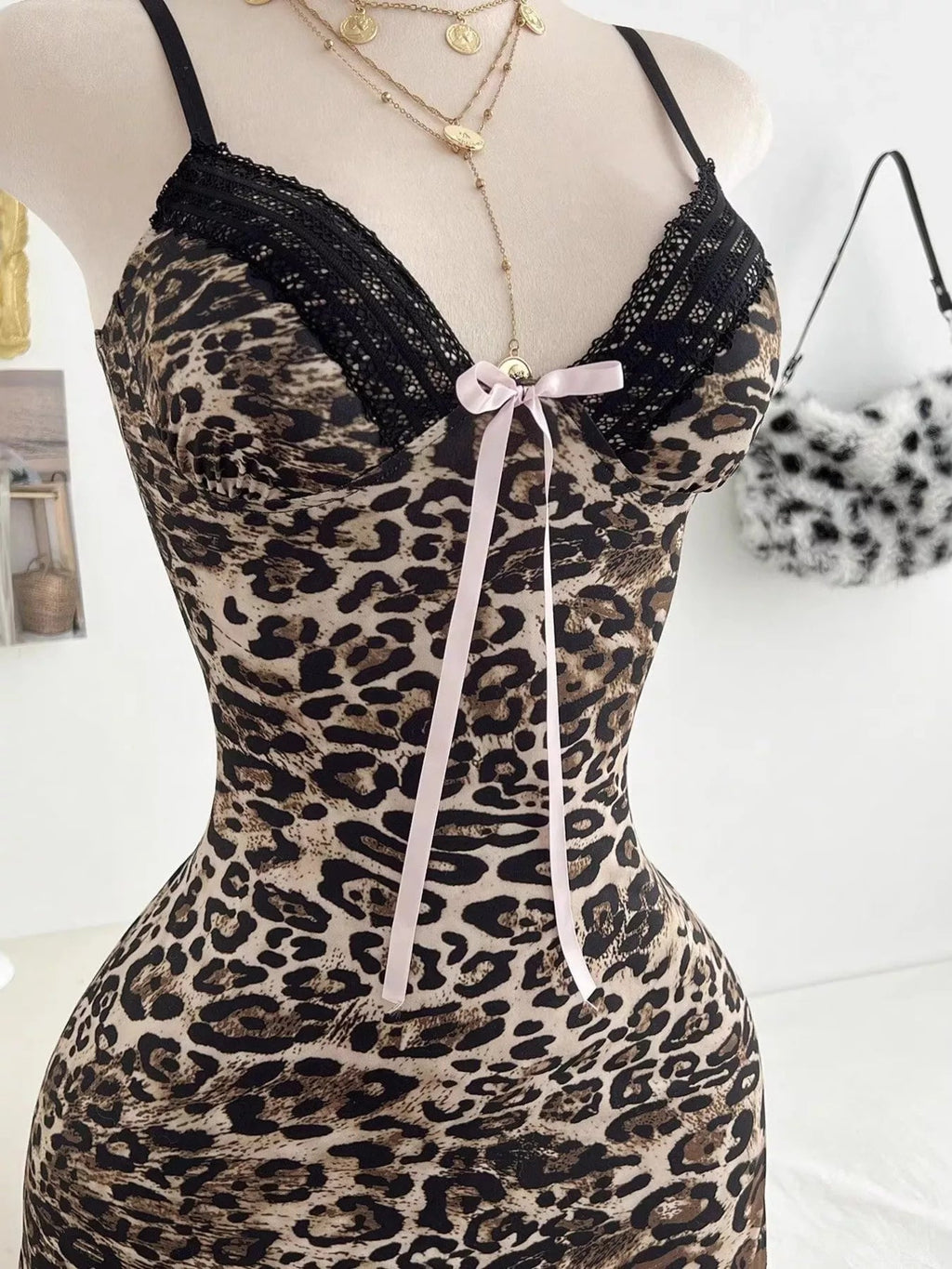Leopard Print Lace Trim Mini Dress - Lara Moda