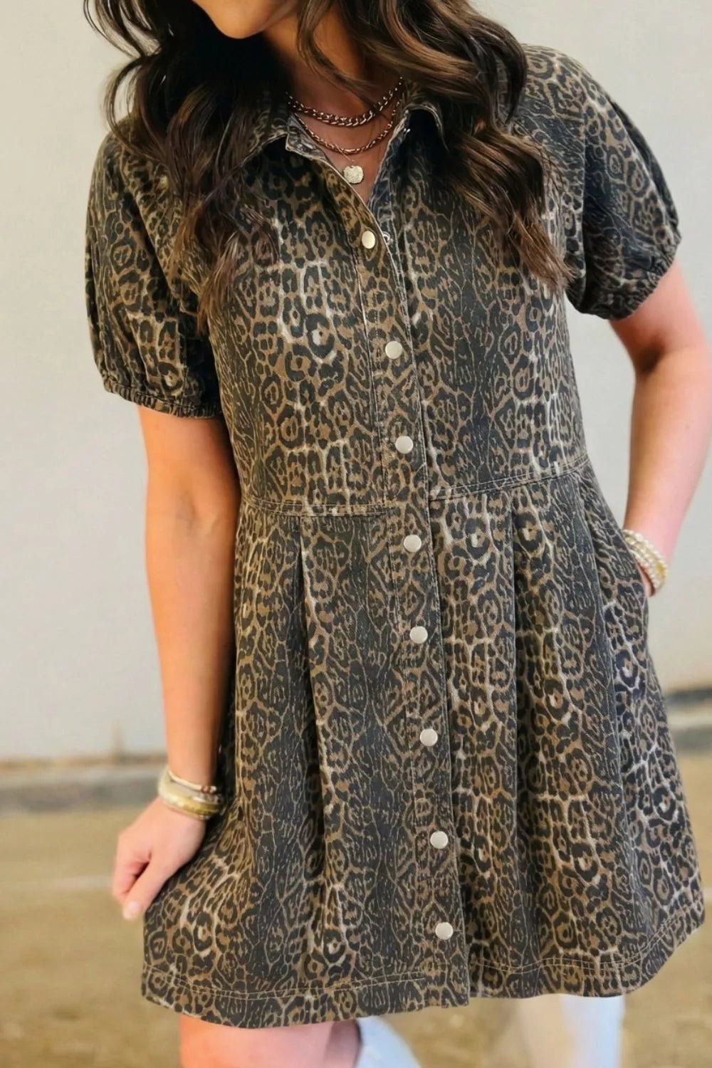 Leopard Print Puff Sleeve Denim Dress - Lara-moda store