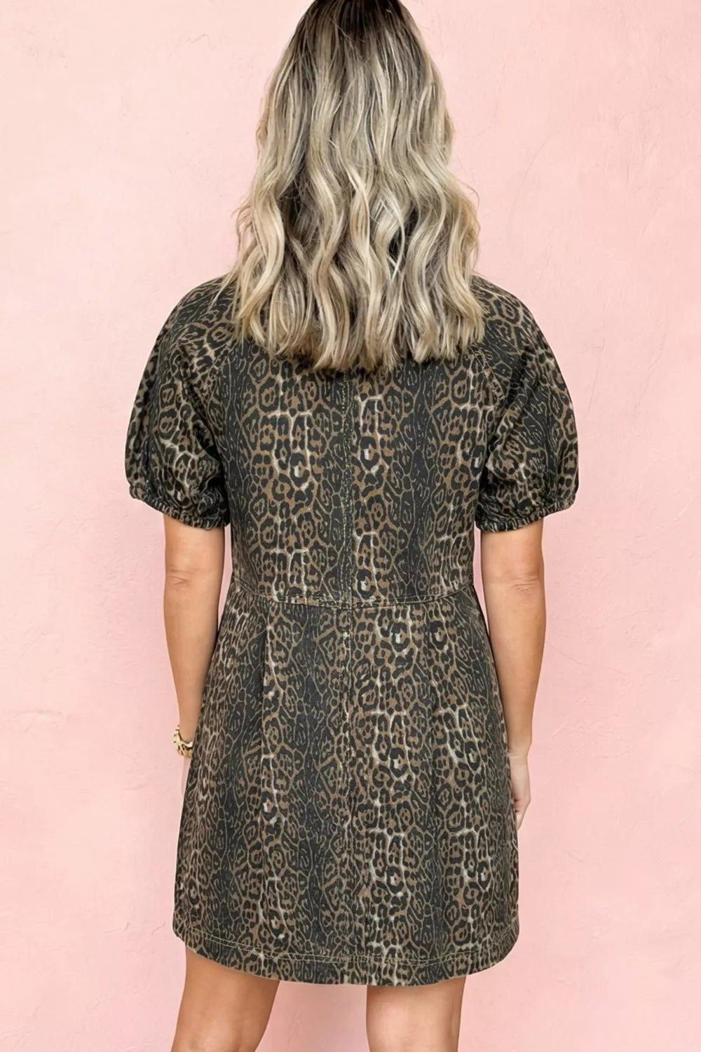 Leopard Print Puff Sleeve Denim Dress - Lara-moda store