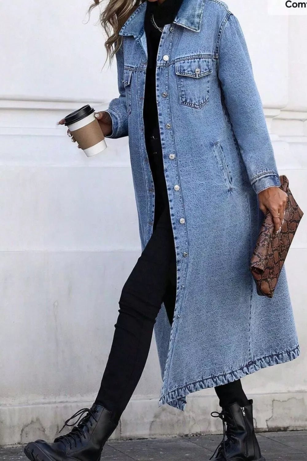 Longline Button-Front Denim Jacket - Lara-moda store