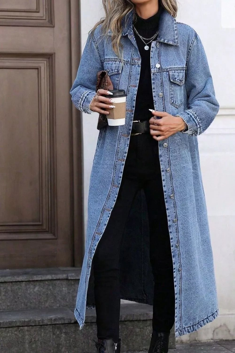 Longline Button-Front Denim Jacket - Lara-moda store