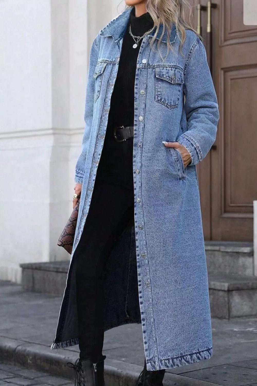 Longline Button-Front Denim Jacket - Lara-moda store