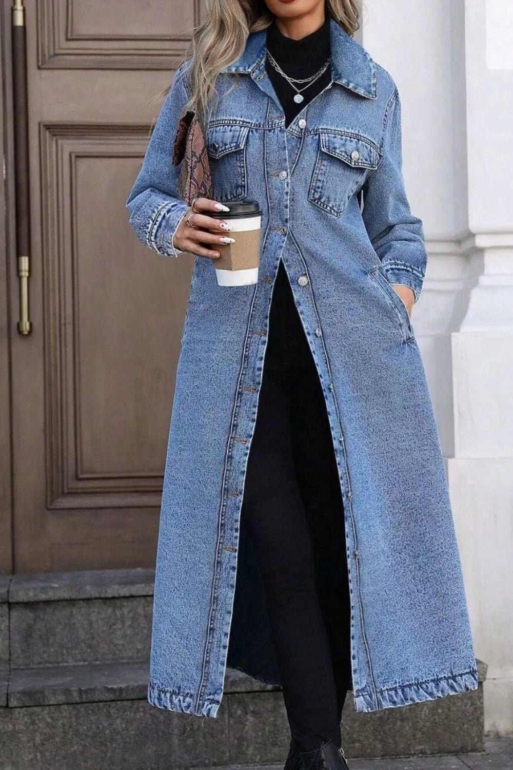 Longline Button-Front Denim Jacket - Lara-moda store