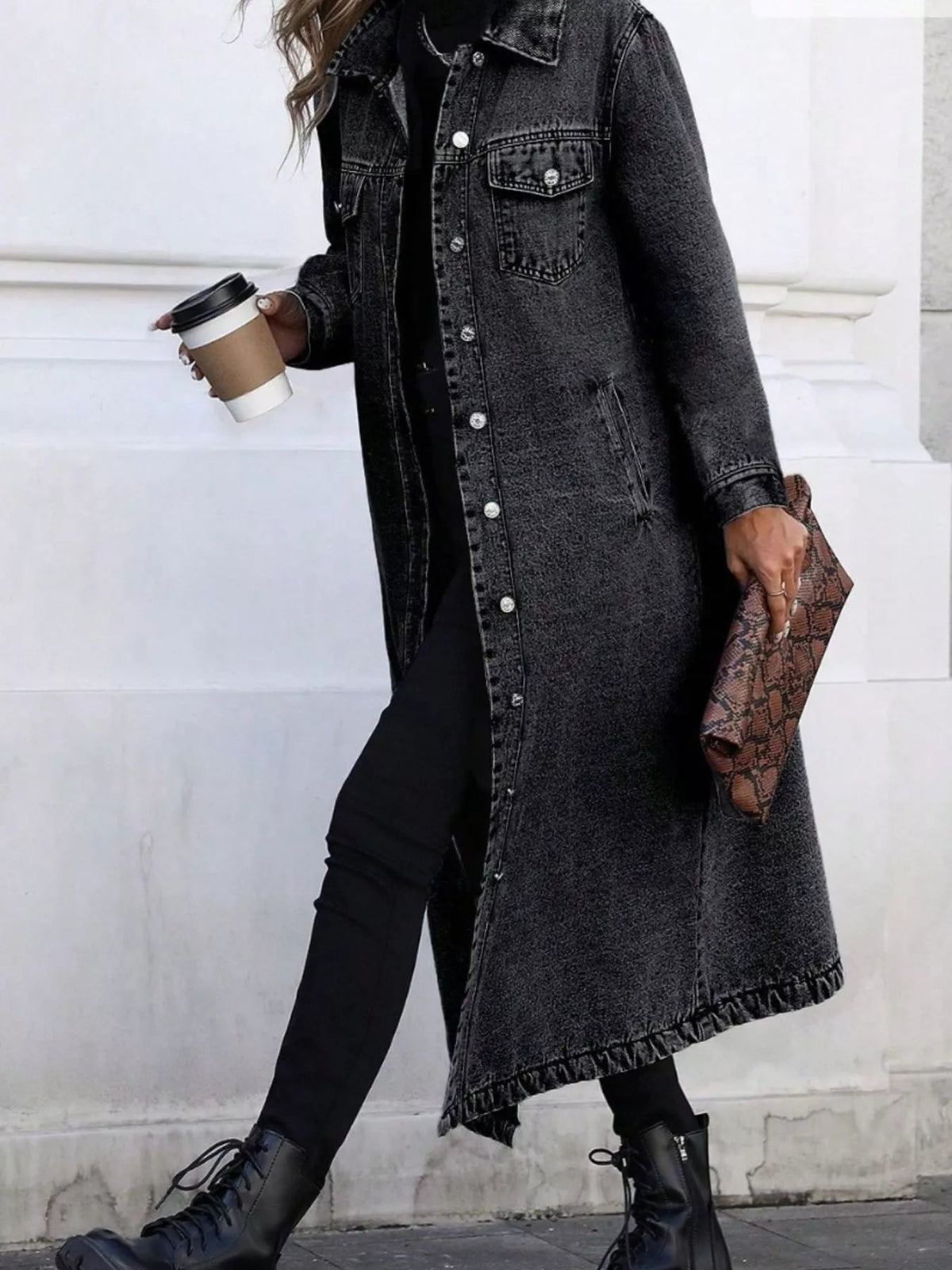 Longline Button-Front Denim Jacket - Lara-moda store