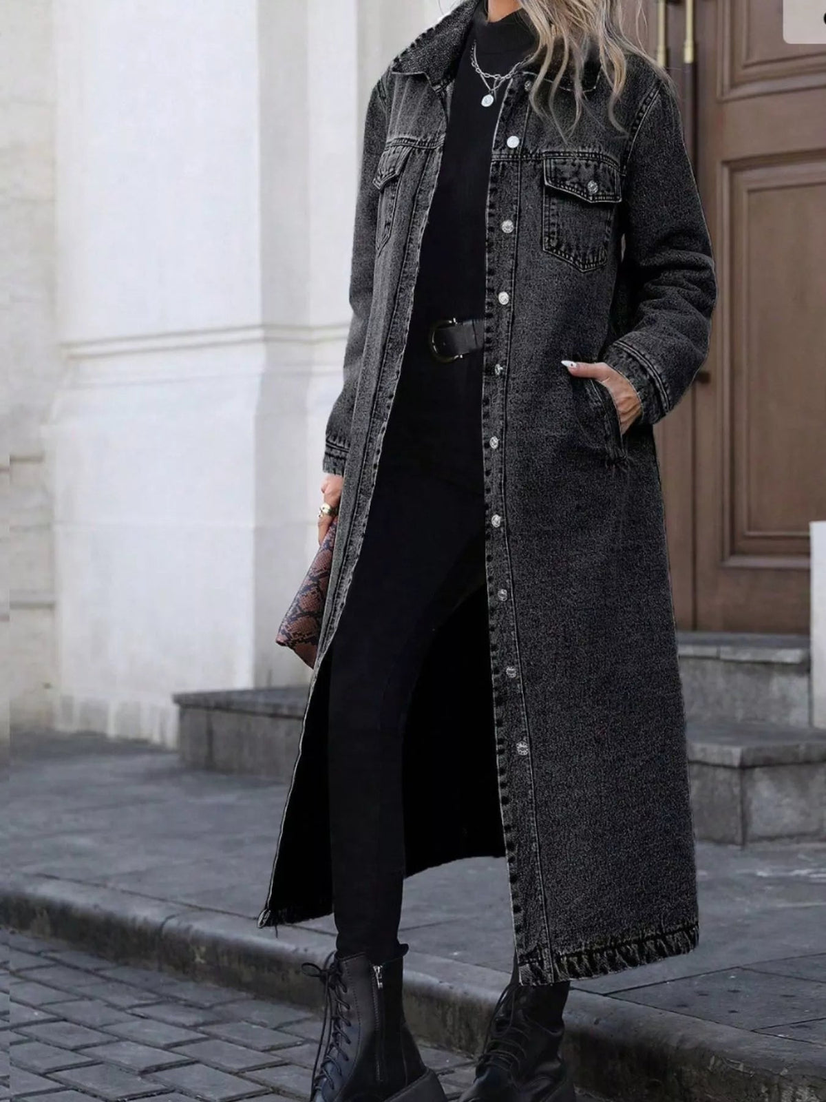 Longline Button-Front Denim Jacket - Lara-moda store