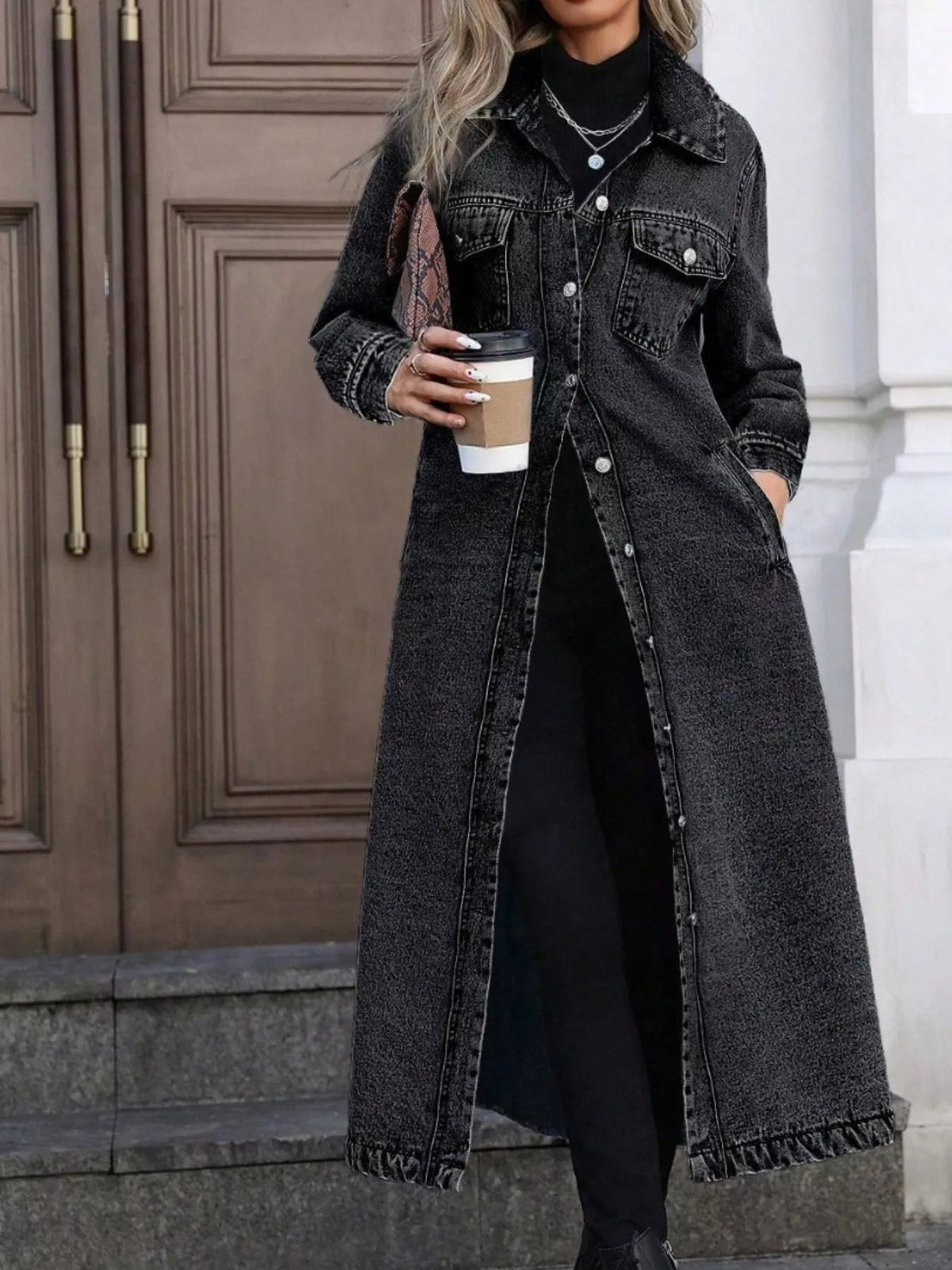 Longline Button-Front Denim Jacket - Lara-moda store