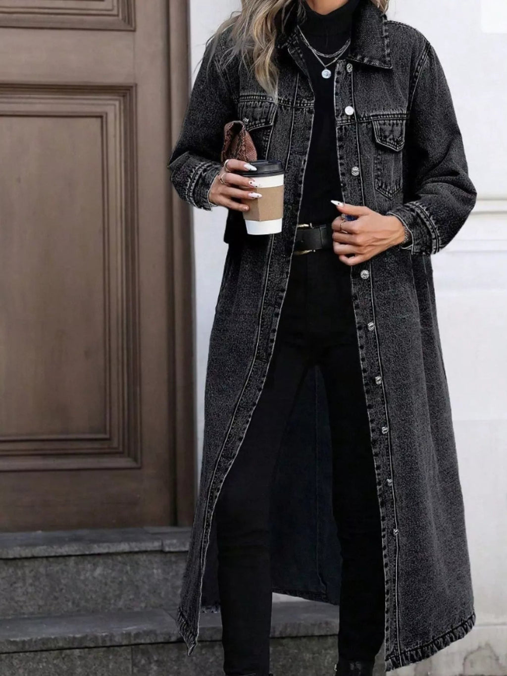 Longline Button-Front Denim Jacket - Lara-moda store