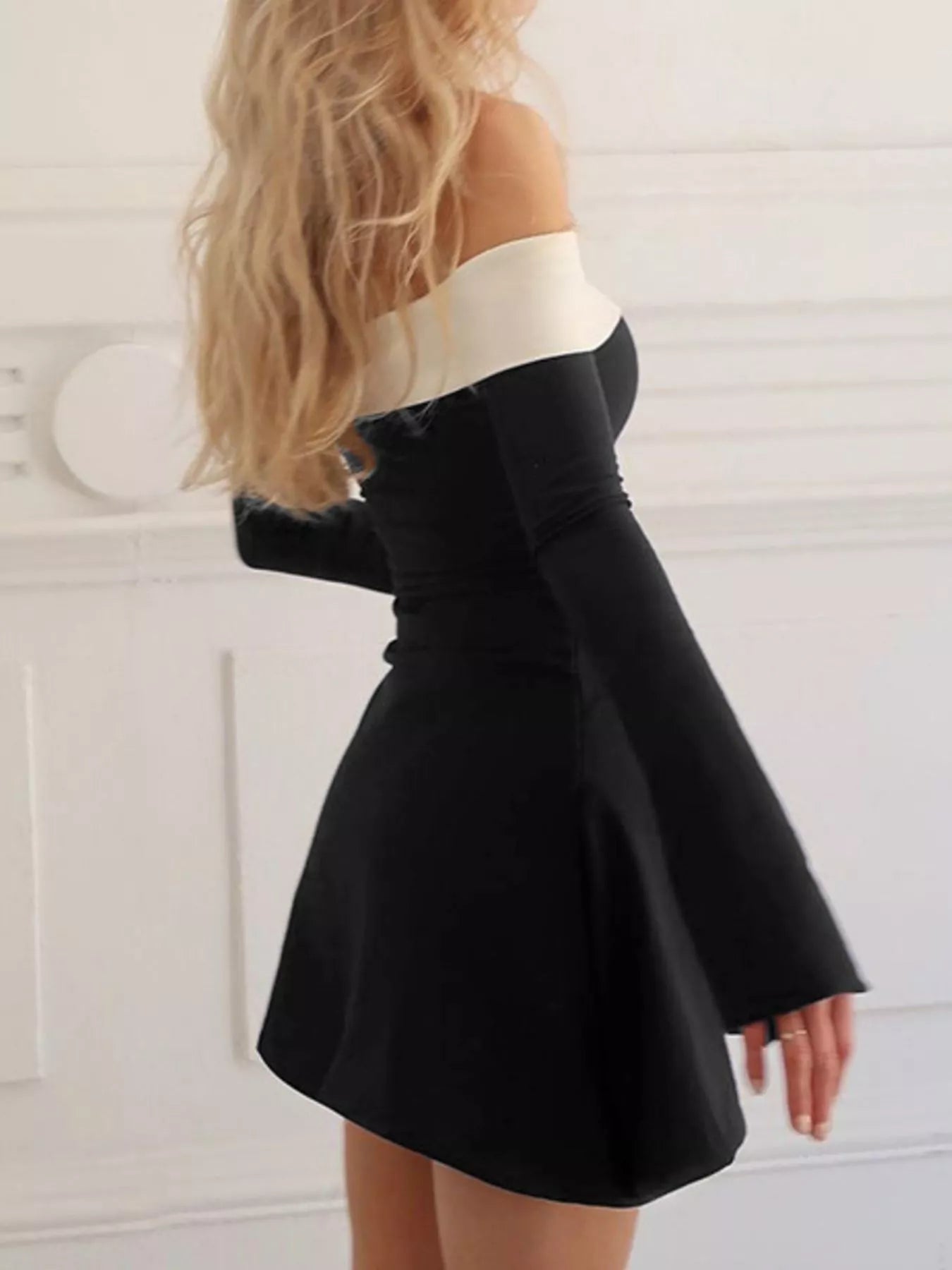 Off-Shoulder Bell Sleeve Mini Dress - Lara Moda