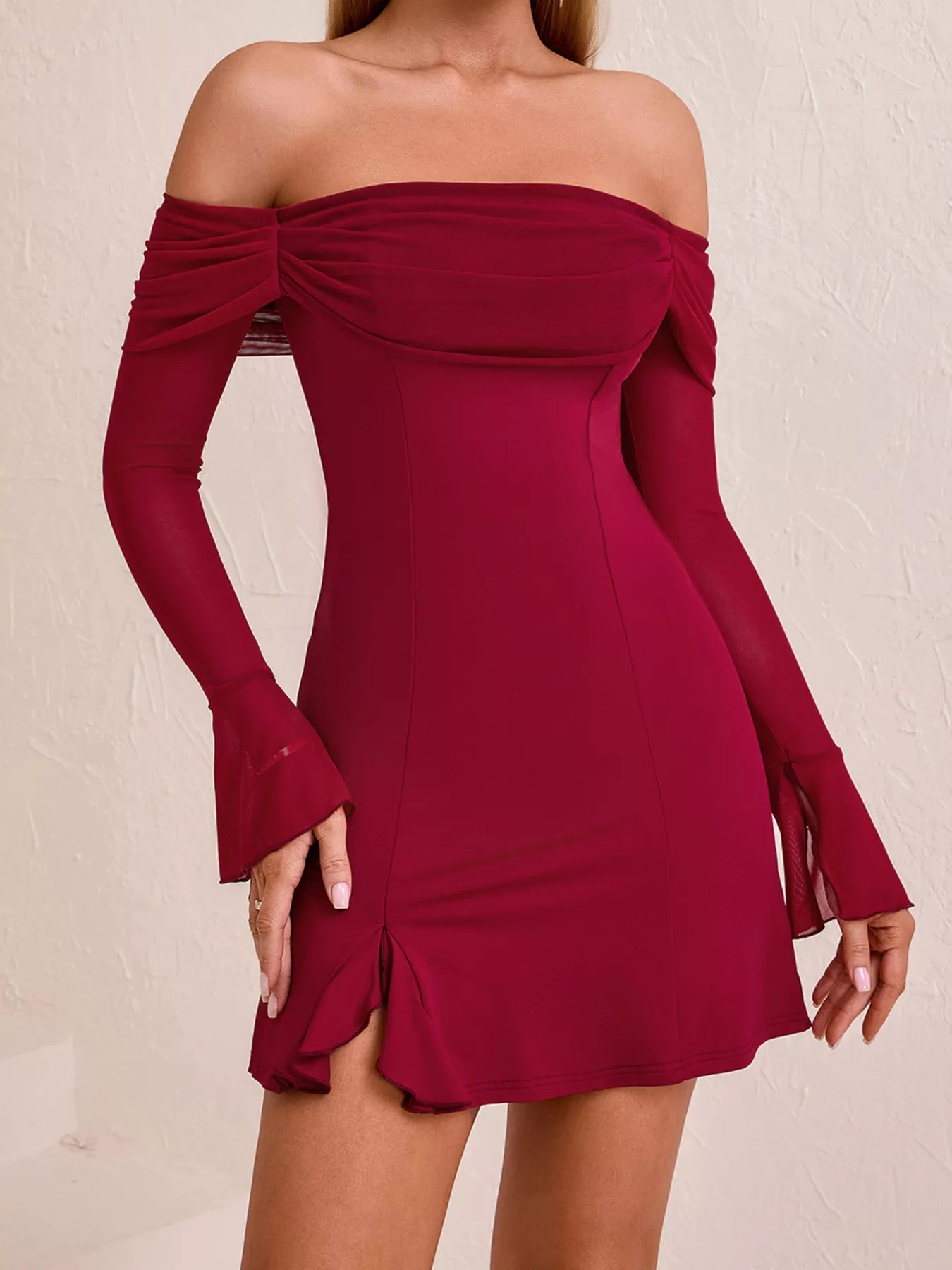 Off-Shoulder Long Sleeve Mini Dress - Lara Moda
