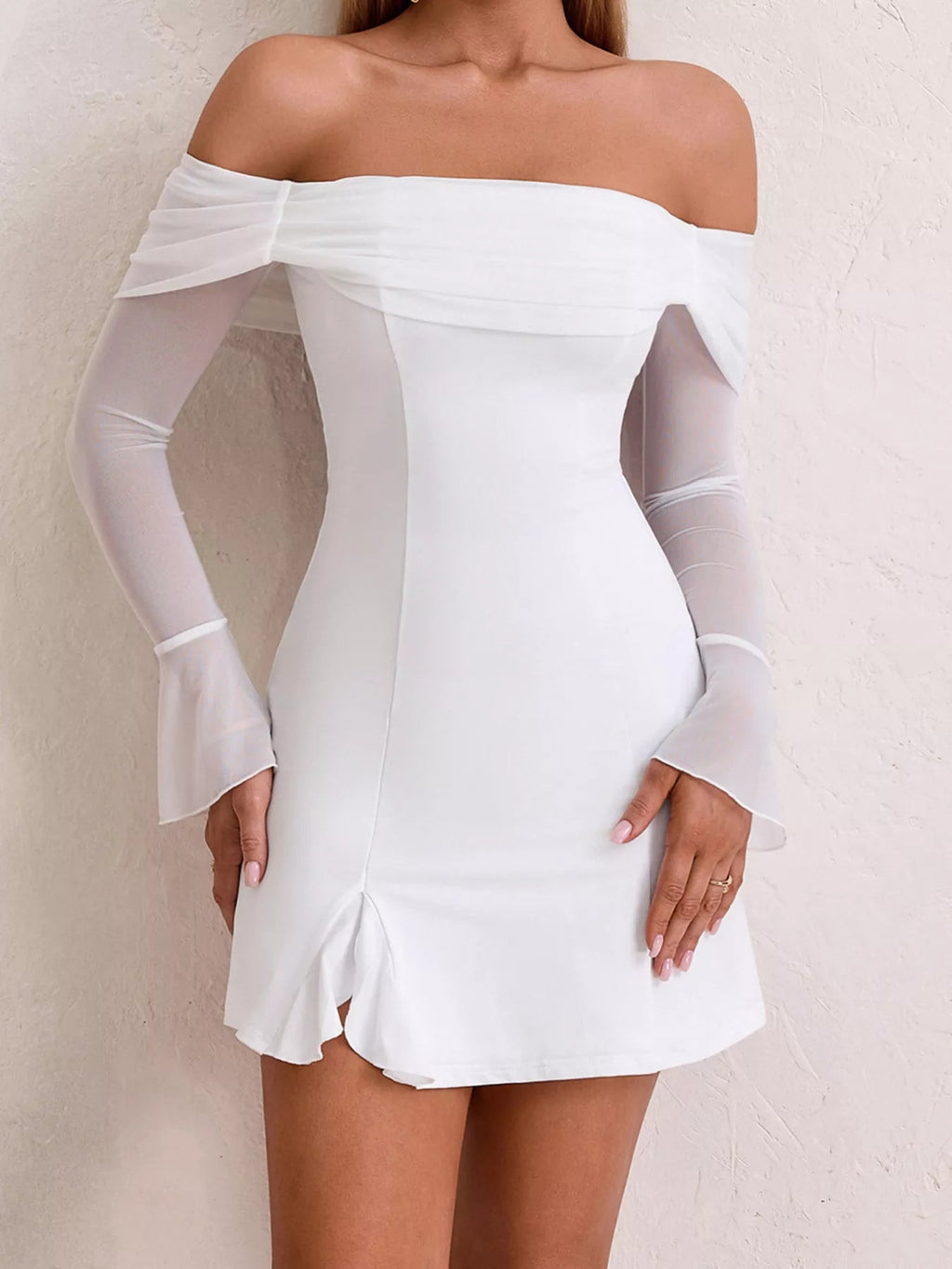 Off-Shoulder Long Sleeve Mini Dress - Lara Moda