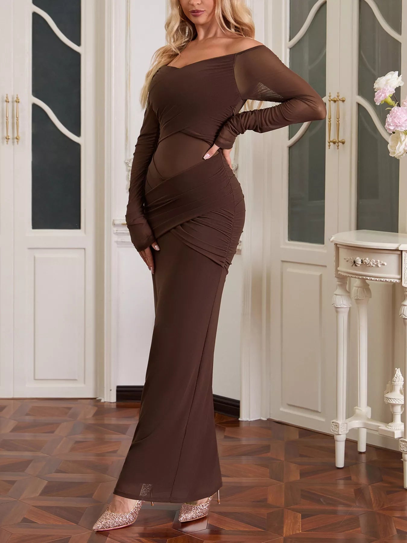 Off-Shoulder Ruched Mesh Long Sleeve Maxi Dress - Lara Moda