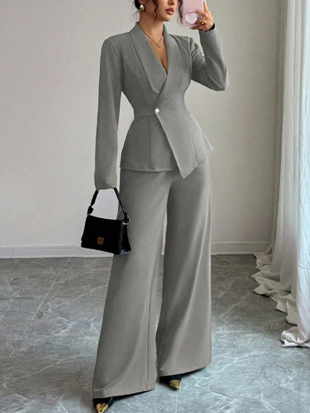 One Button Blazer and Pants Set - Lara Moda