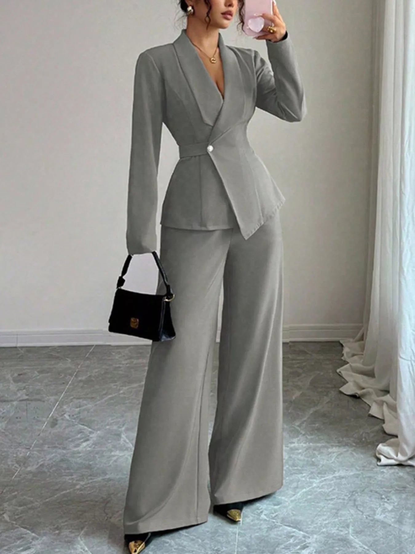 One Button Blazer and Pants Set - Lara Moda