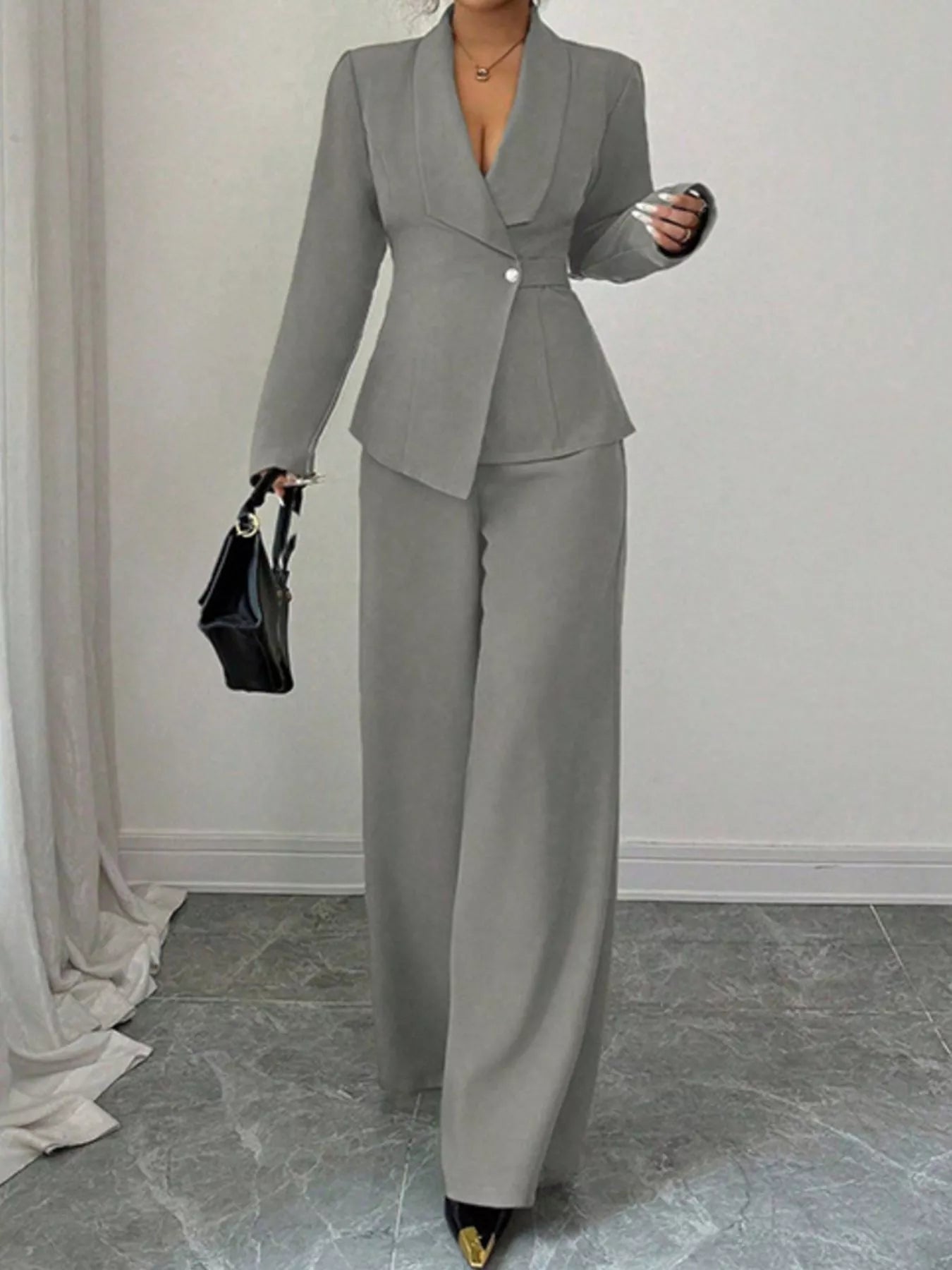 One Button Blazer and Pants Set - Lara Moda