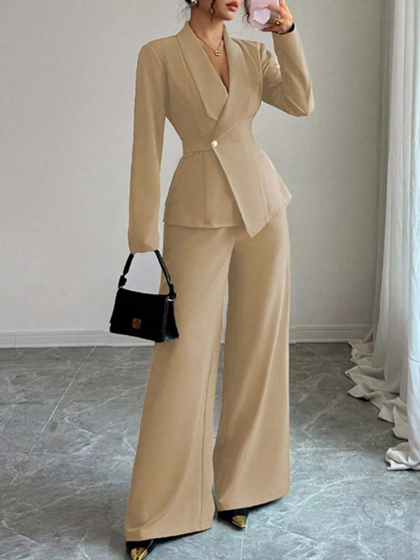 One Button Blazer and Pants Set - Lara Moda