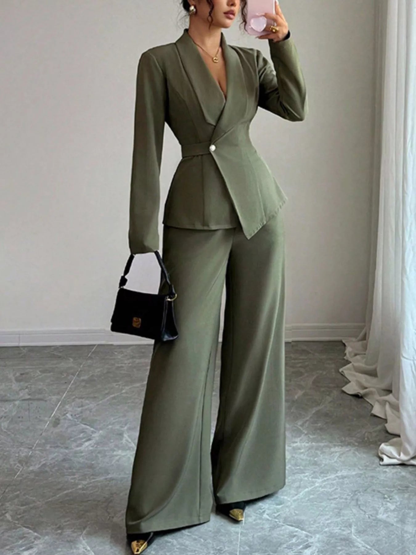 One Button Blazer and Pants Set - Lara Moda
