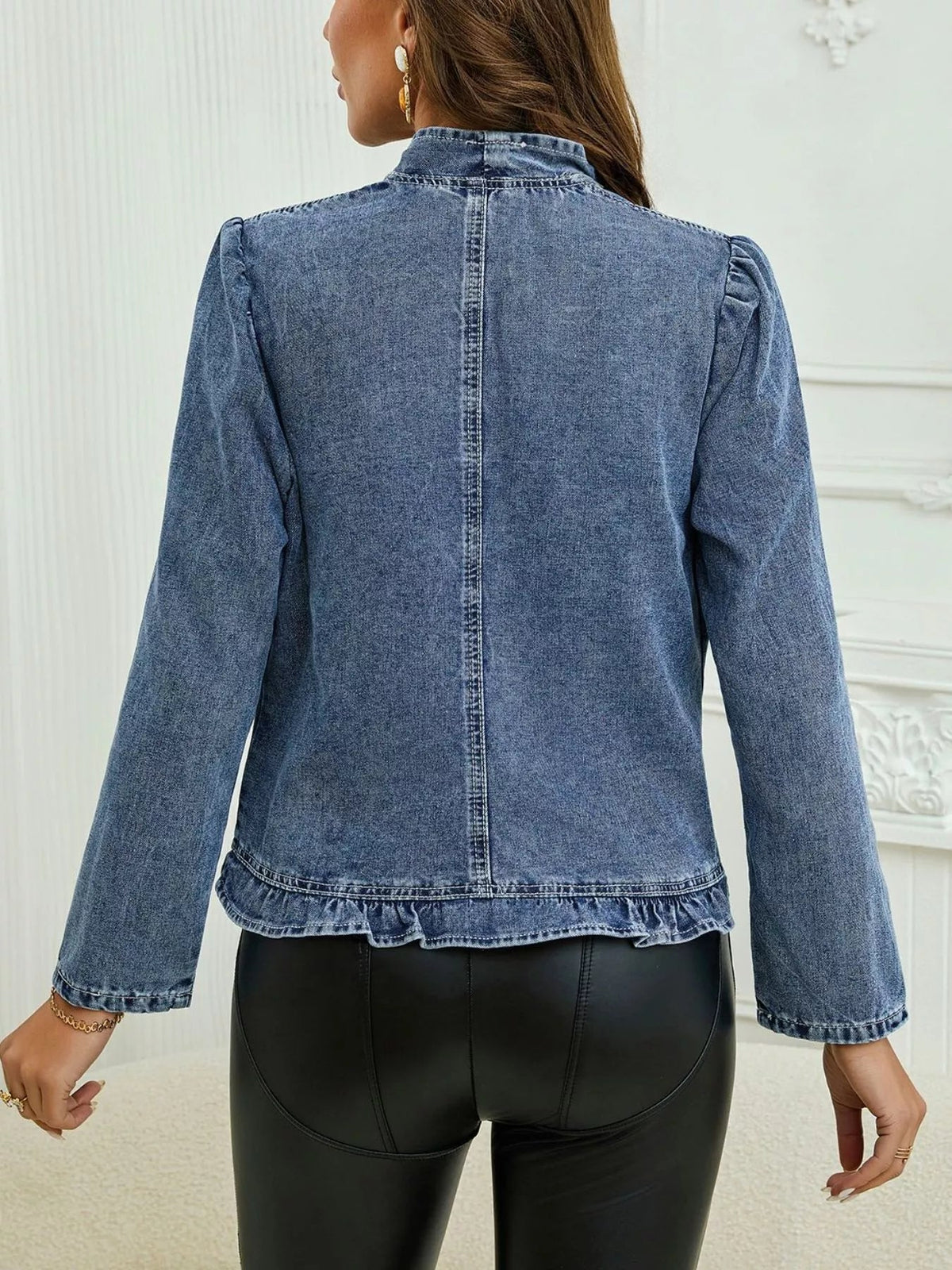 Open Front Ruffled Denim Jacket - Lara-moda store
