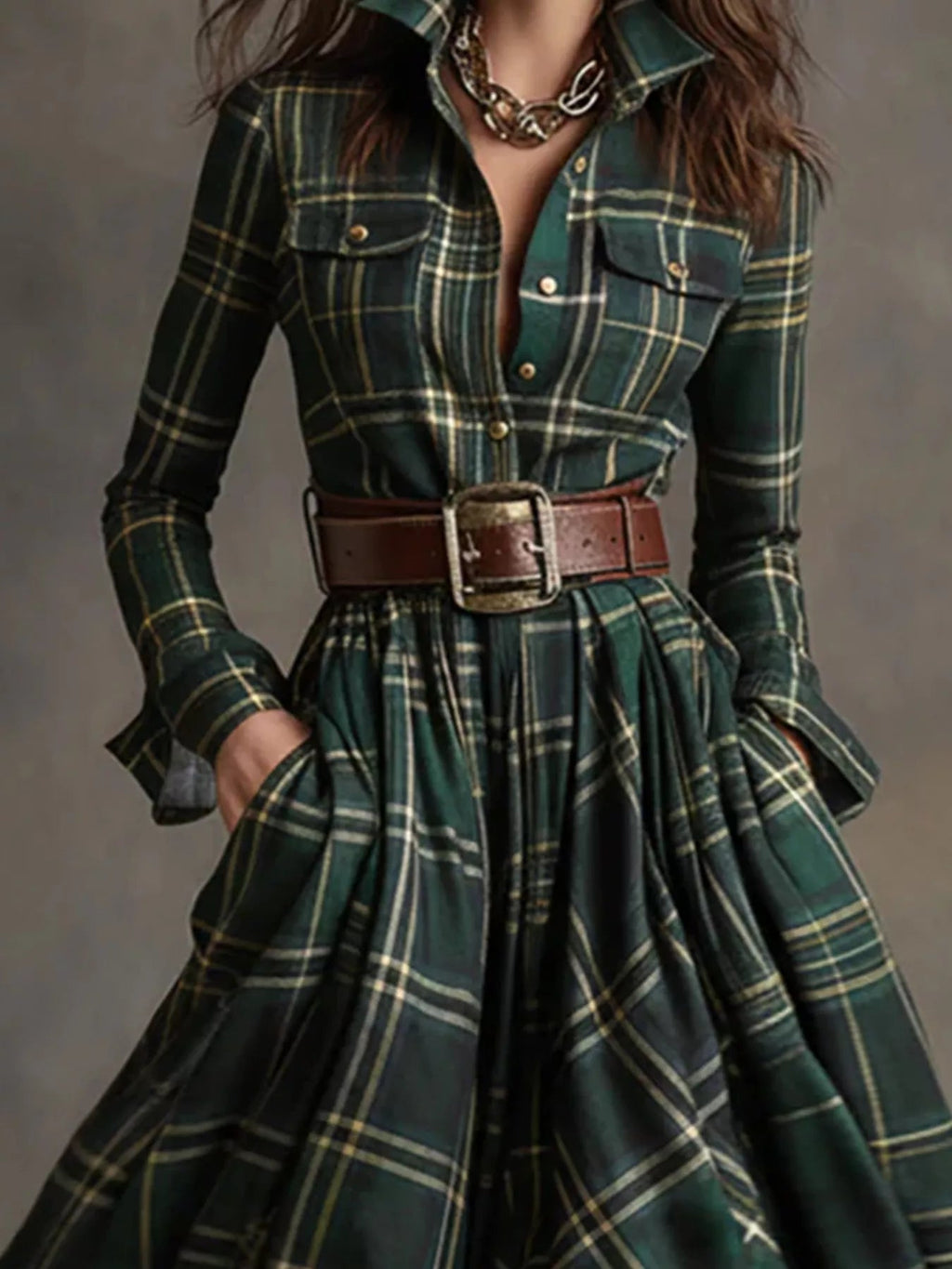 Plaid Button Front Maxi Shirt Dress - Lara Moda