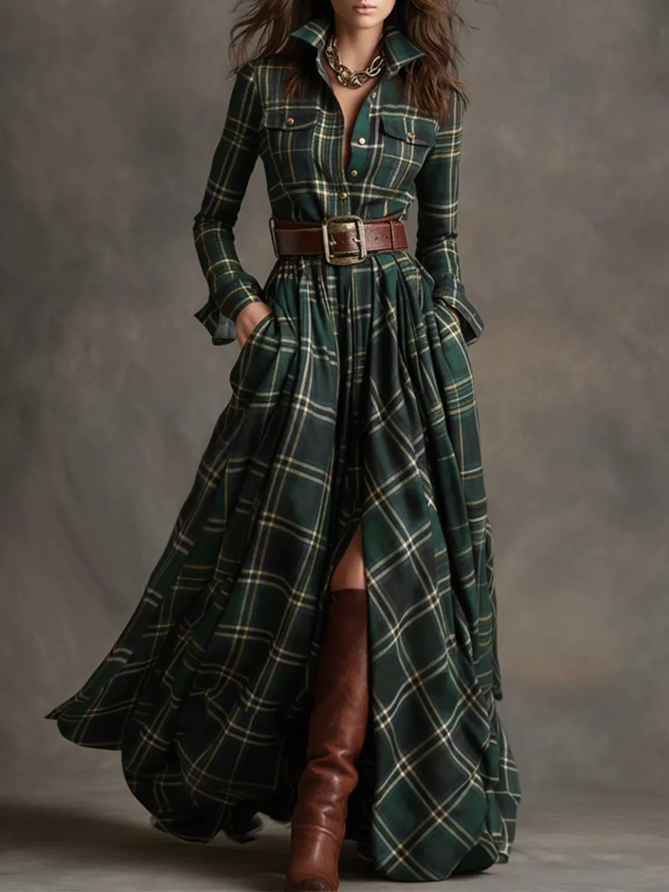 Plaid Button Front Maxi Shirt Dress - Lara Moda