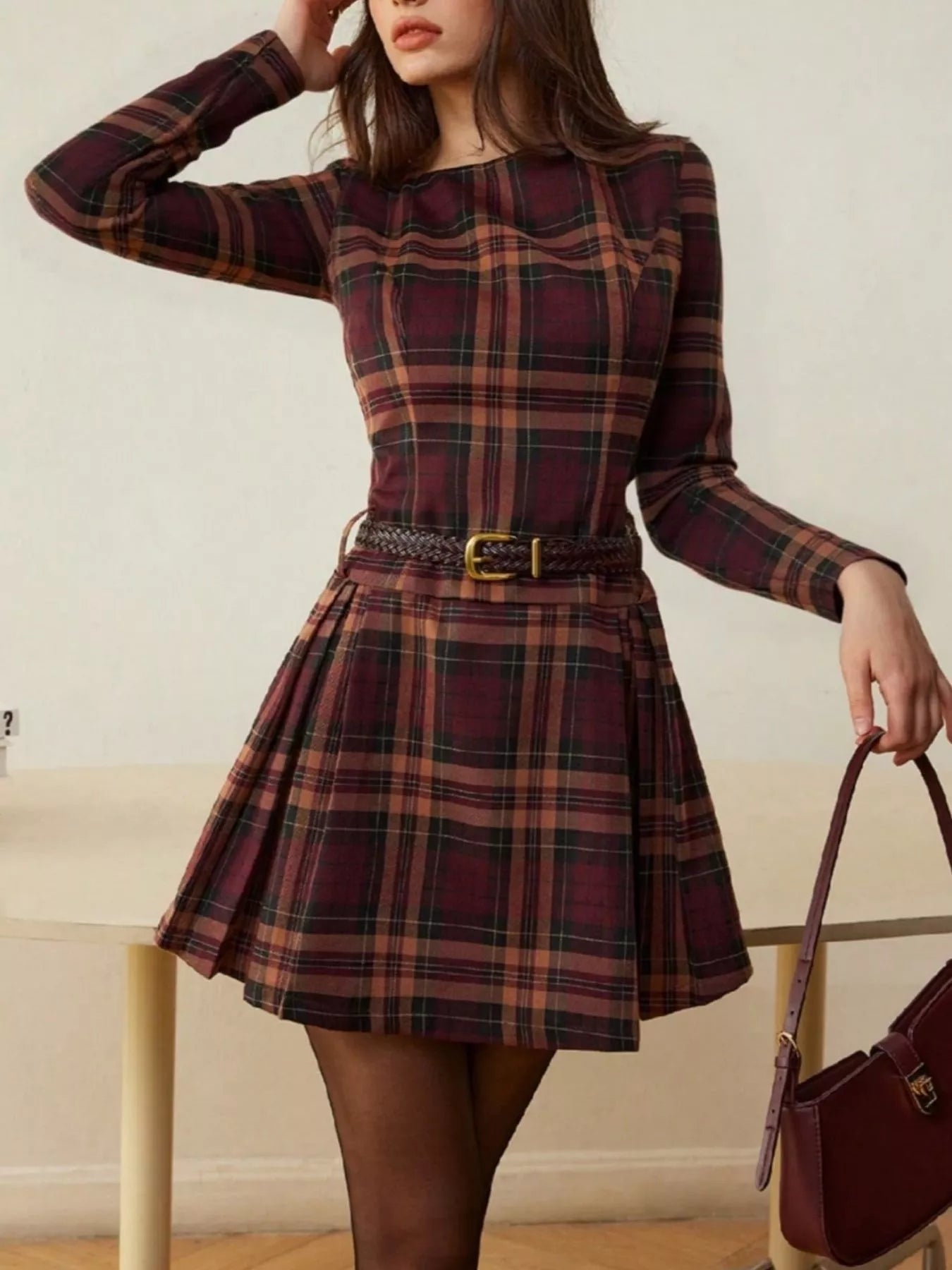 Plaid Long Sleeve Mini Dress - Lara Moda