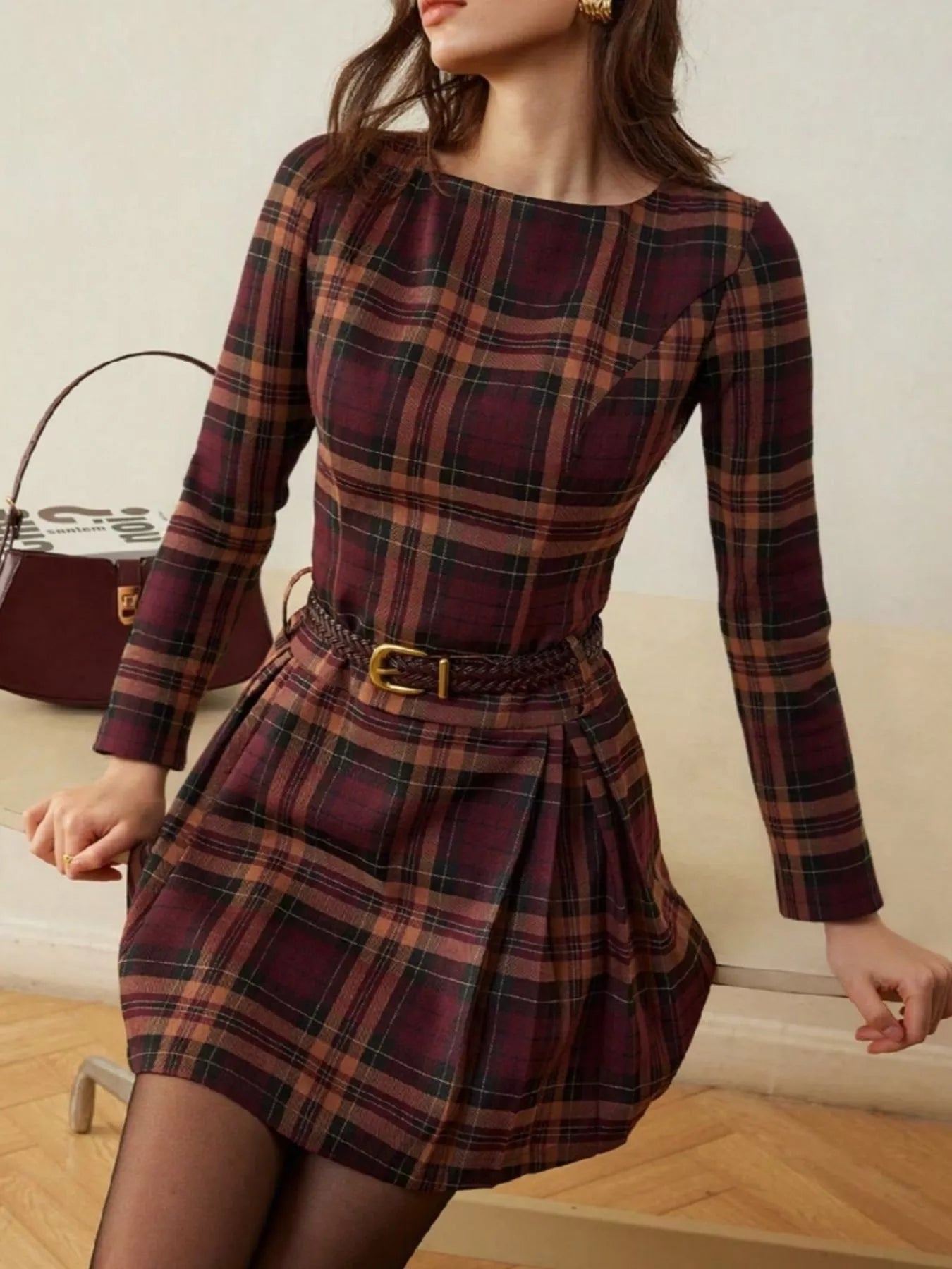 Plaid Long Sleeve Mini Dress - Lara Moda