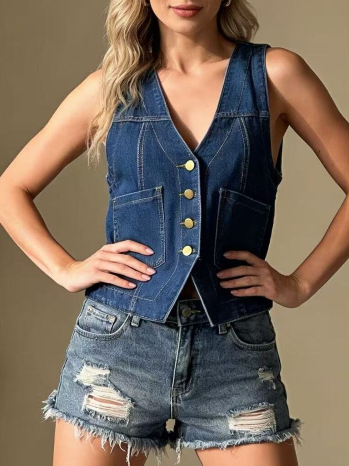 Plus Size Button-Down Denim Vest - Lara Moda