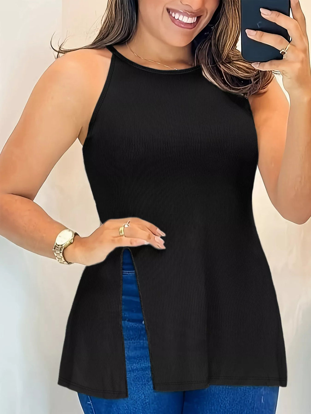 Plus Size Slit Round Neck Cami - Lara Moda