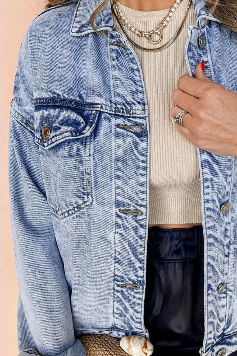 Pocketed Button Up Dropped Shoulder Denim Jacket - Lara-moda store