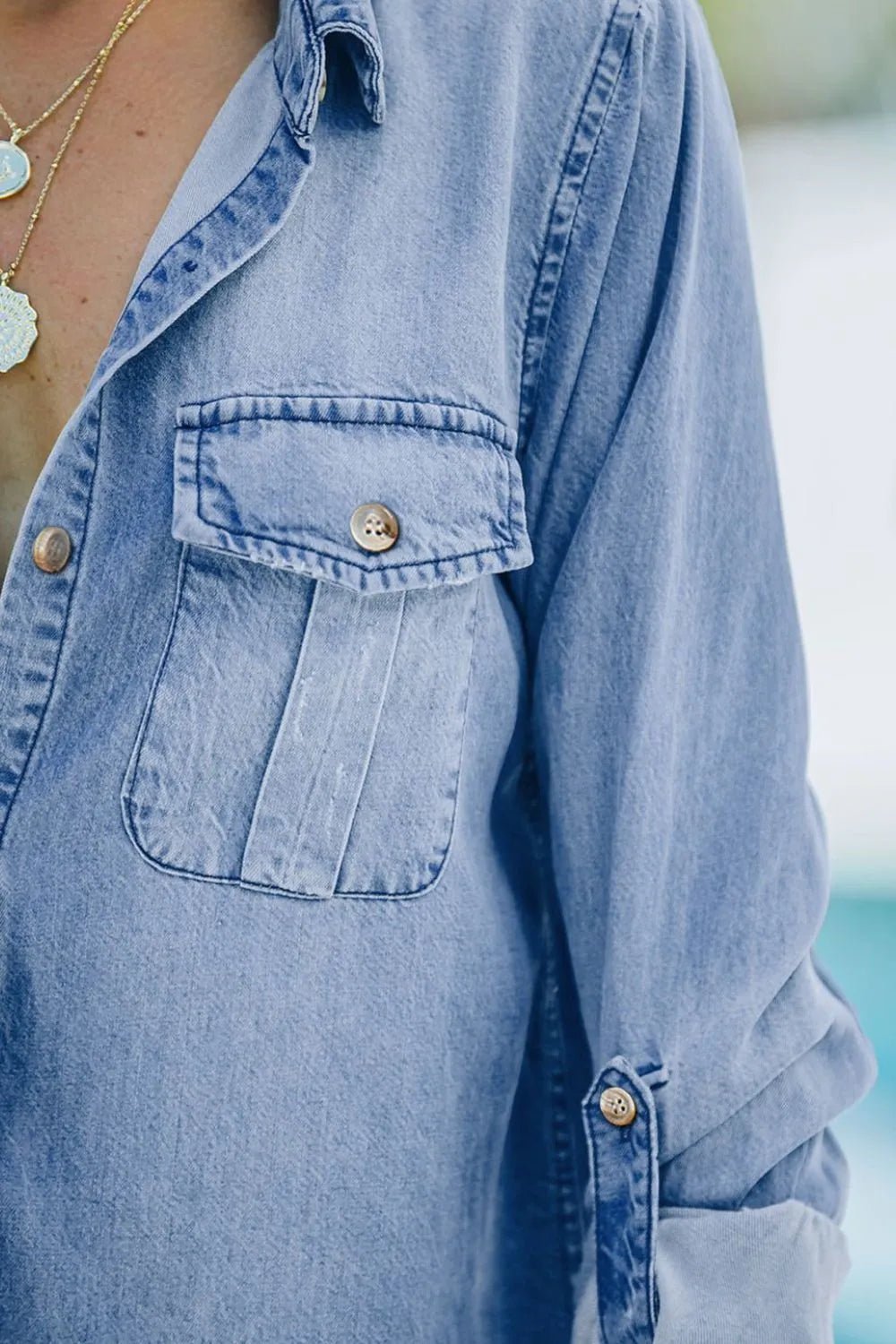 Pocketed Collared Neck Long Sleeve Denim Top - Lara Moda