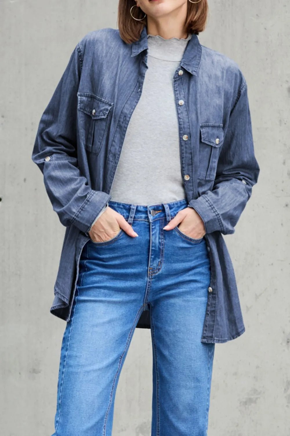 Pocketed Collared Neck Long Sleeve Denim Top - Lara Moda