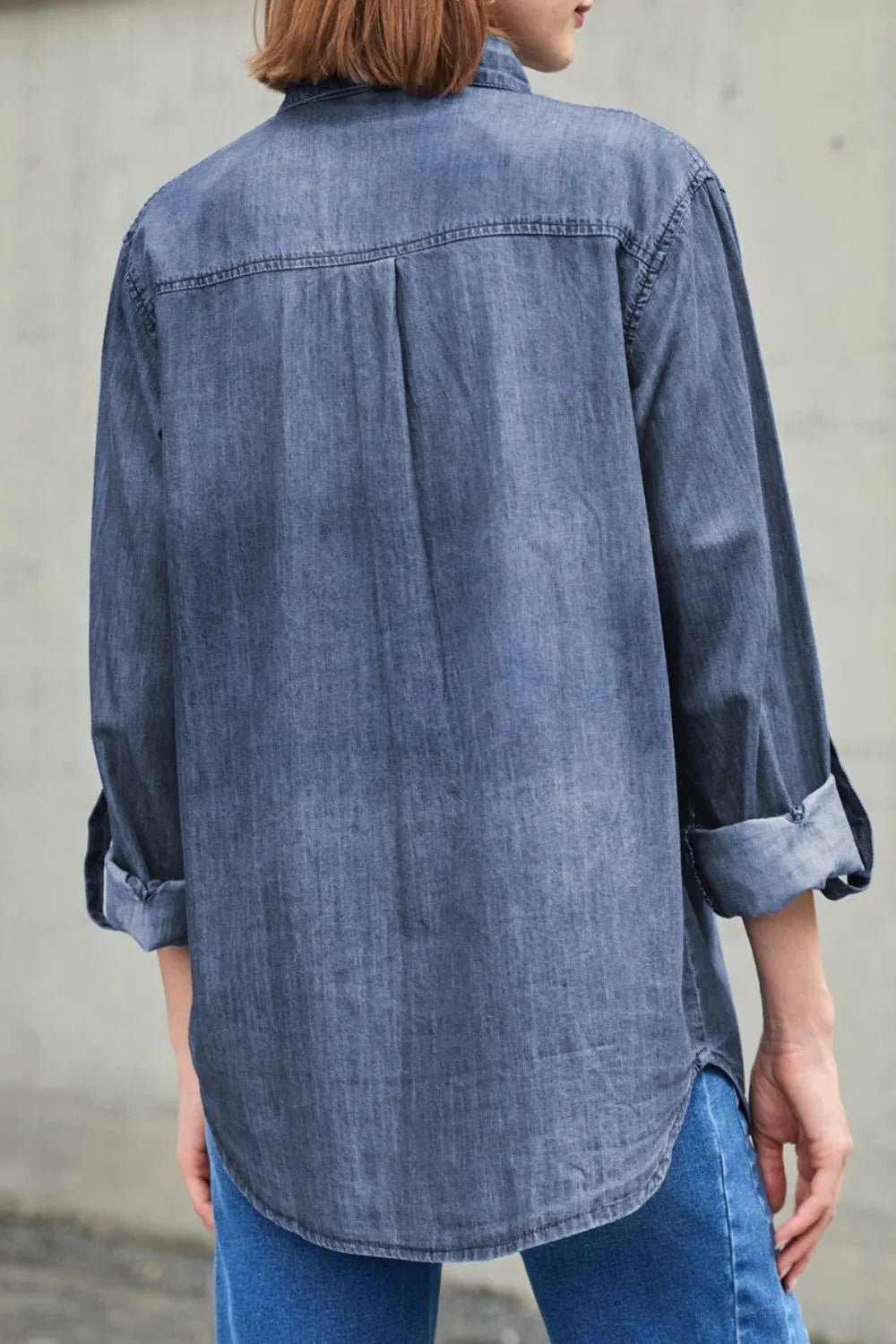 Pocketed Collared Neck Long Sleeve Denim Top - Lara Moda