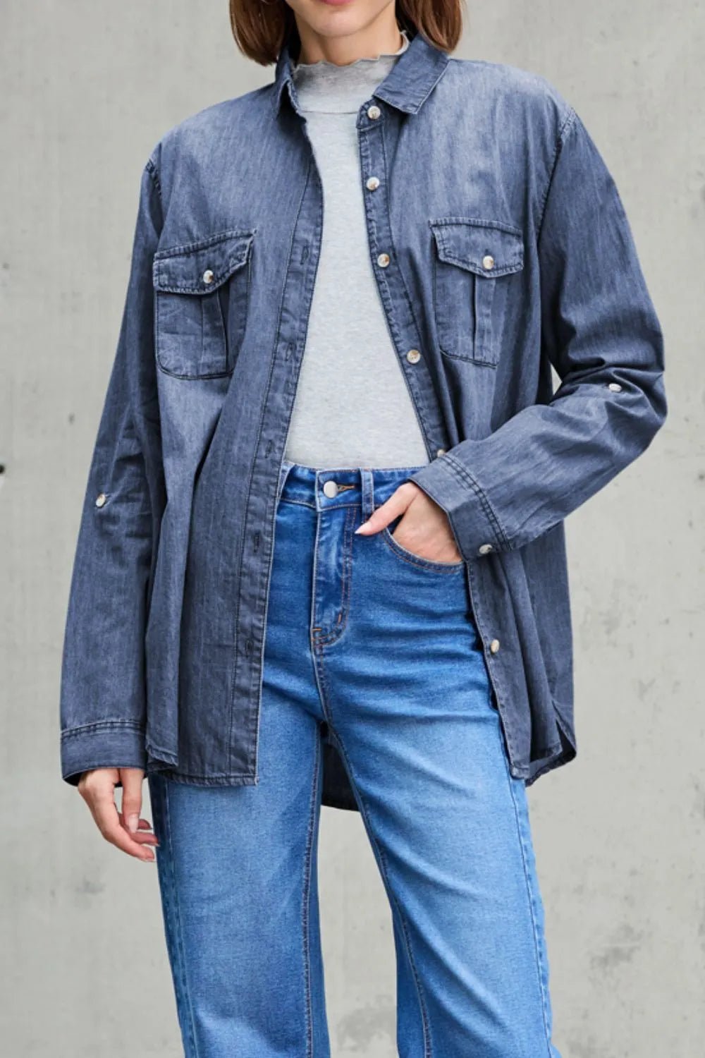 Pocketed Collared Neck Long Sleeve Denim Top - Lara Moda