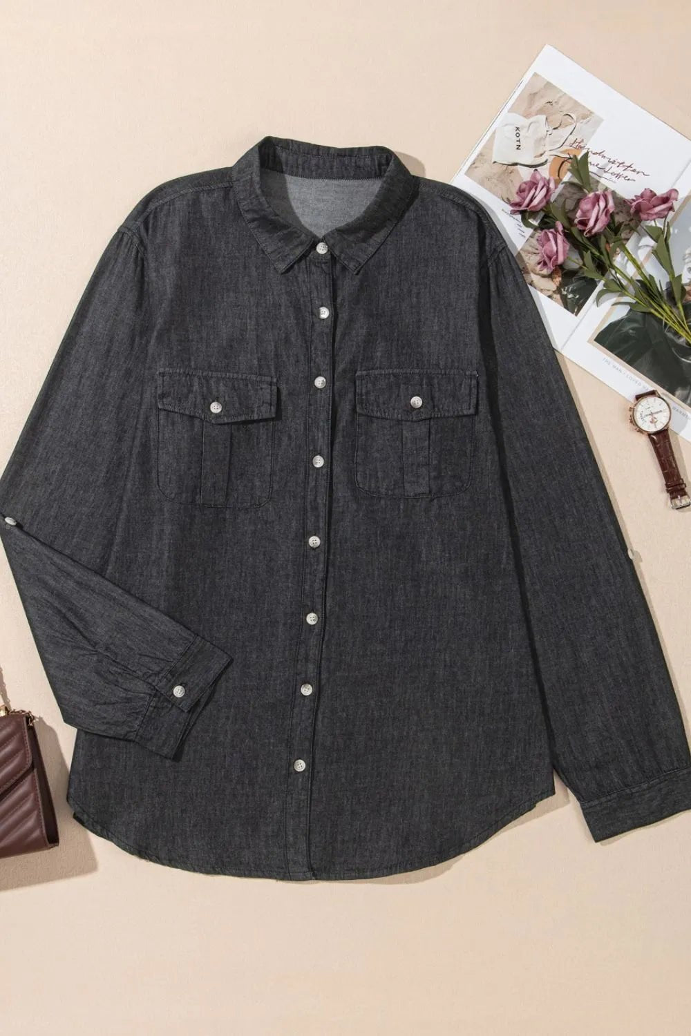 Pocketed Collared Neck Long Sleeve Denim Top - Lara Moda