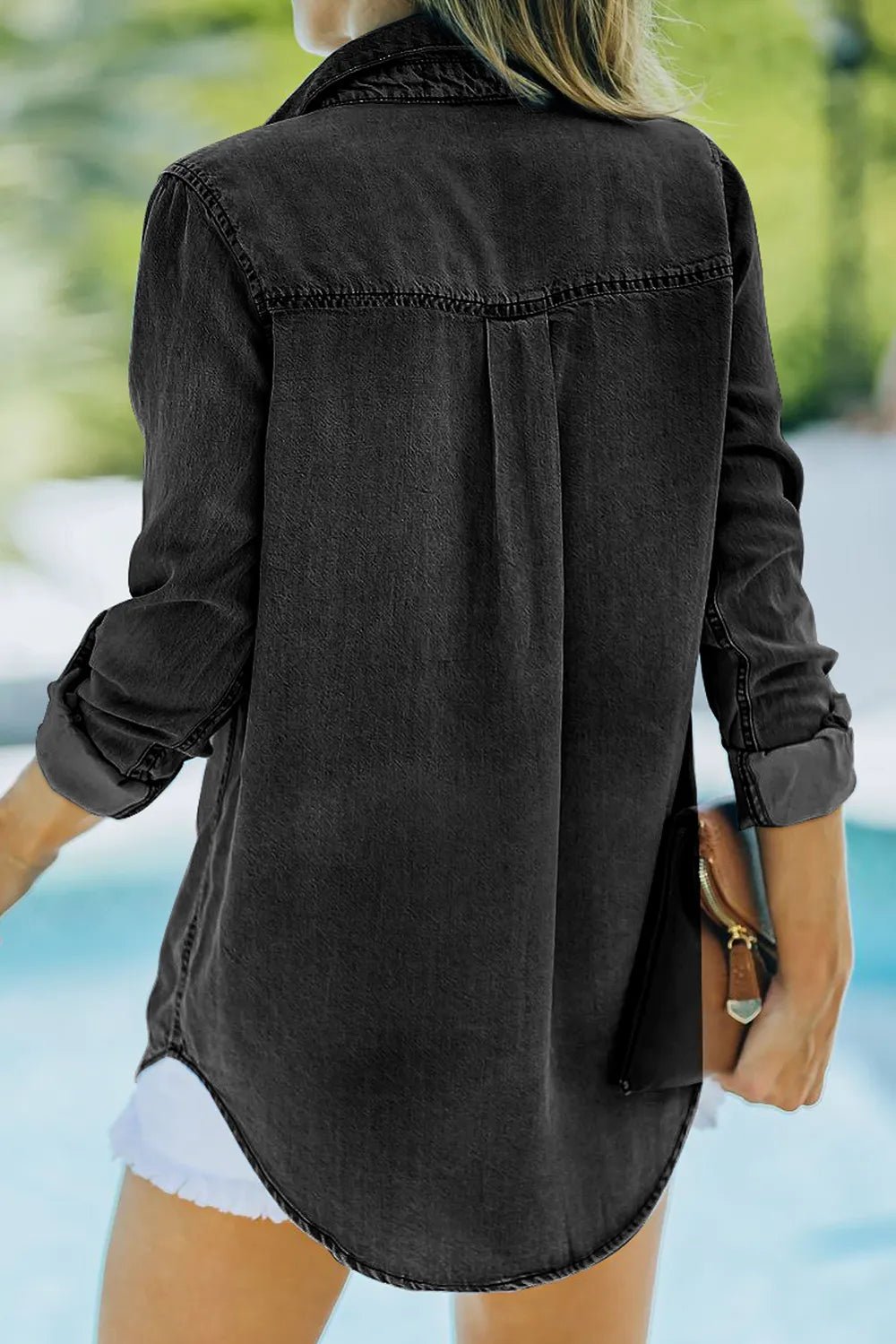 Pocketed Collared Neck Long Sleeve Denim Top - Lara Moda