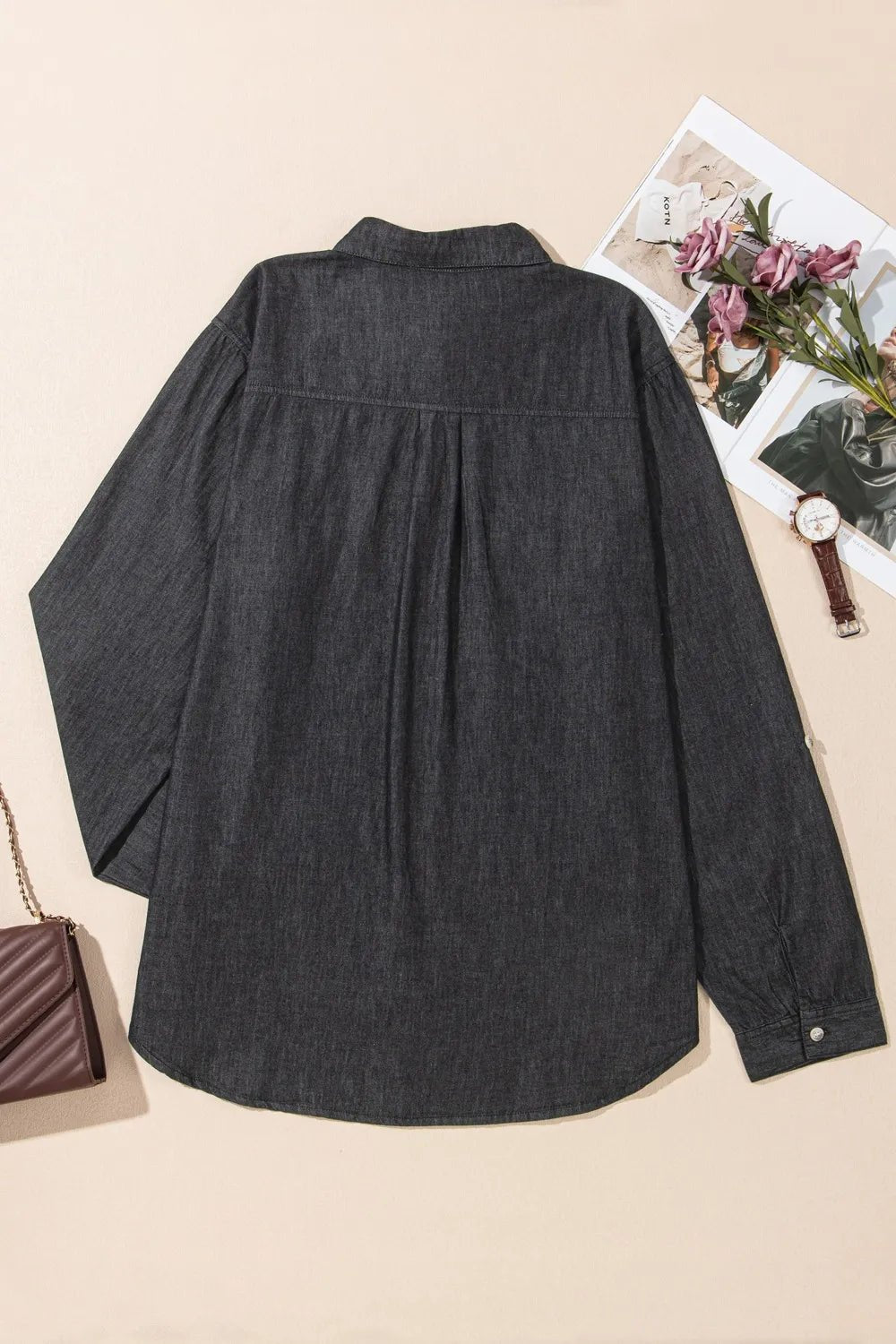 Pocketed Collared Neck Long Sleeve Denim Top - Lara Moda