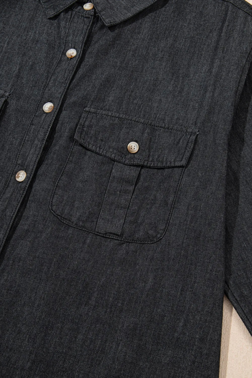 Pocketed Collared Neck Long Sleeve Denim Top - Lara Moda